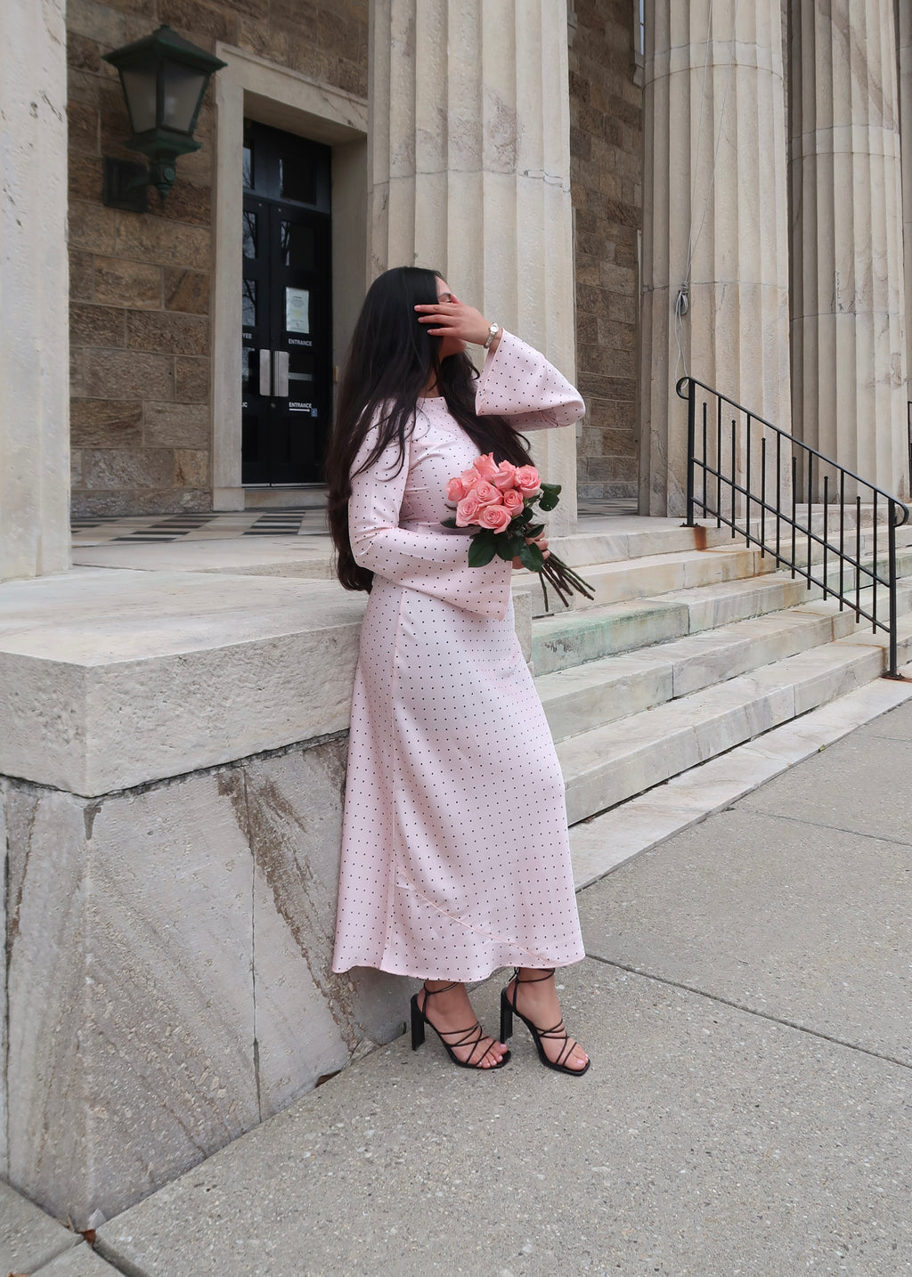 baby pink maxi dress, flare sleeve, polka dot, modest, spring/summer