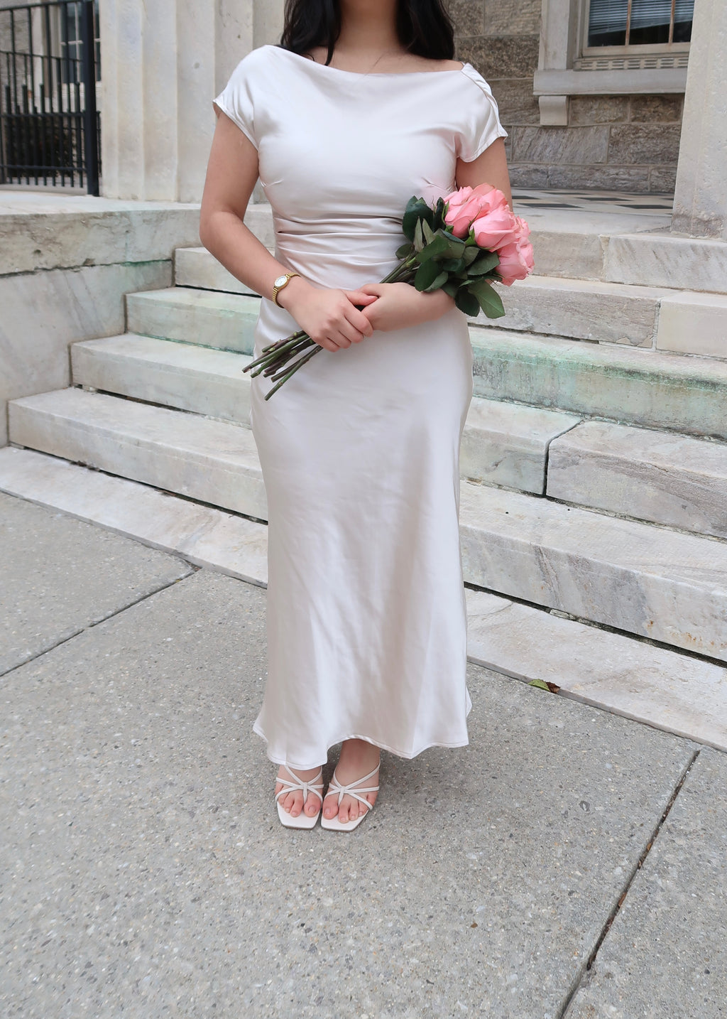 champange midi dress, short sleeve, off the shoulder, low back, ruched