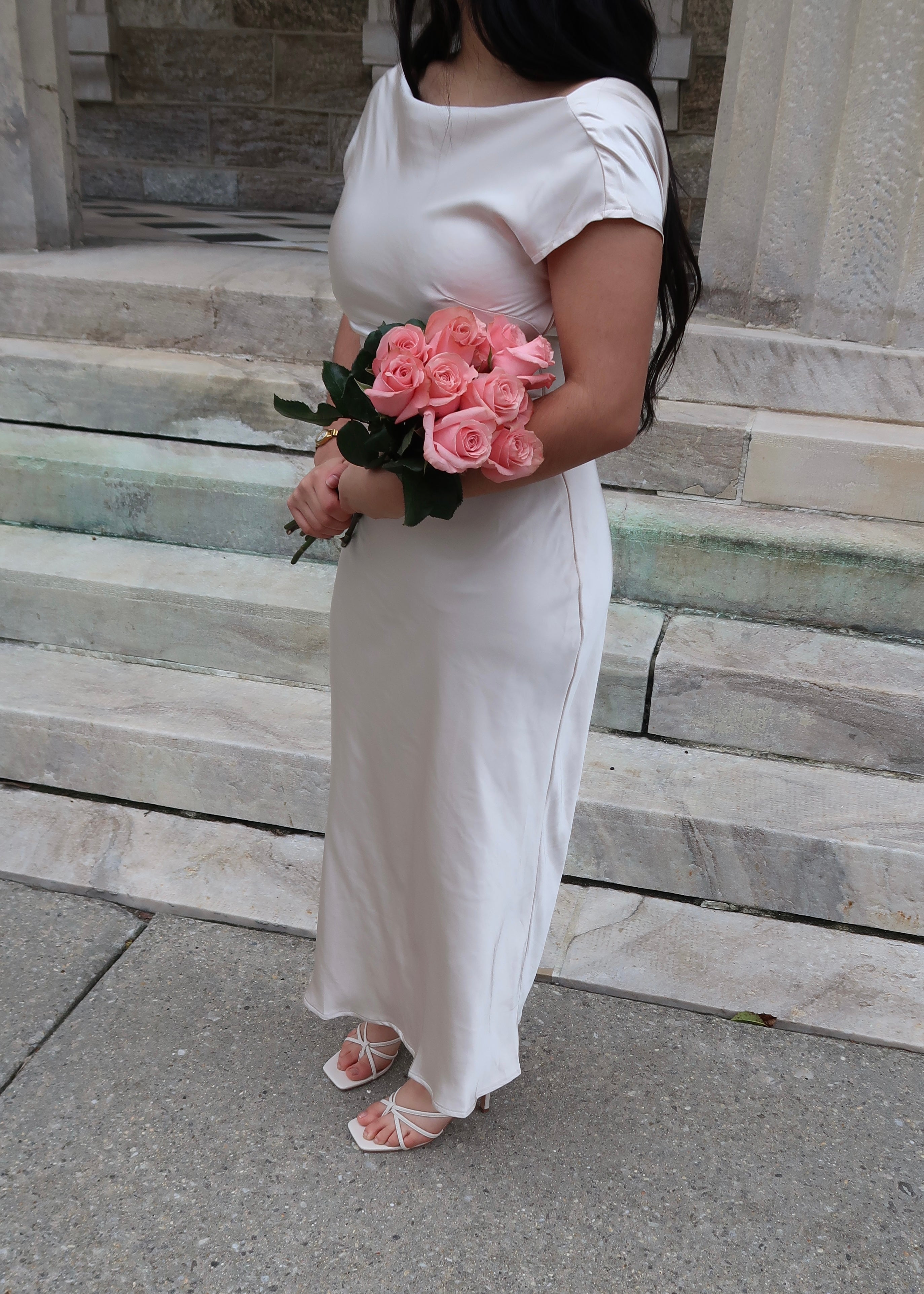 champange midi dress, short sleeve, off the shoulder, low back, ruched