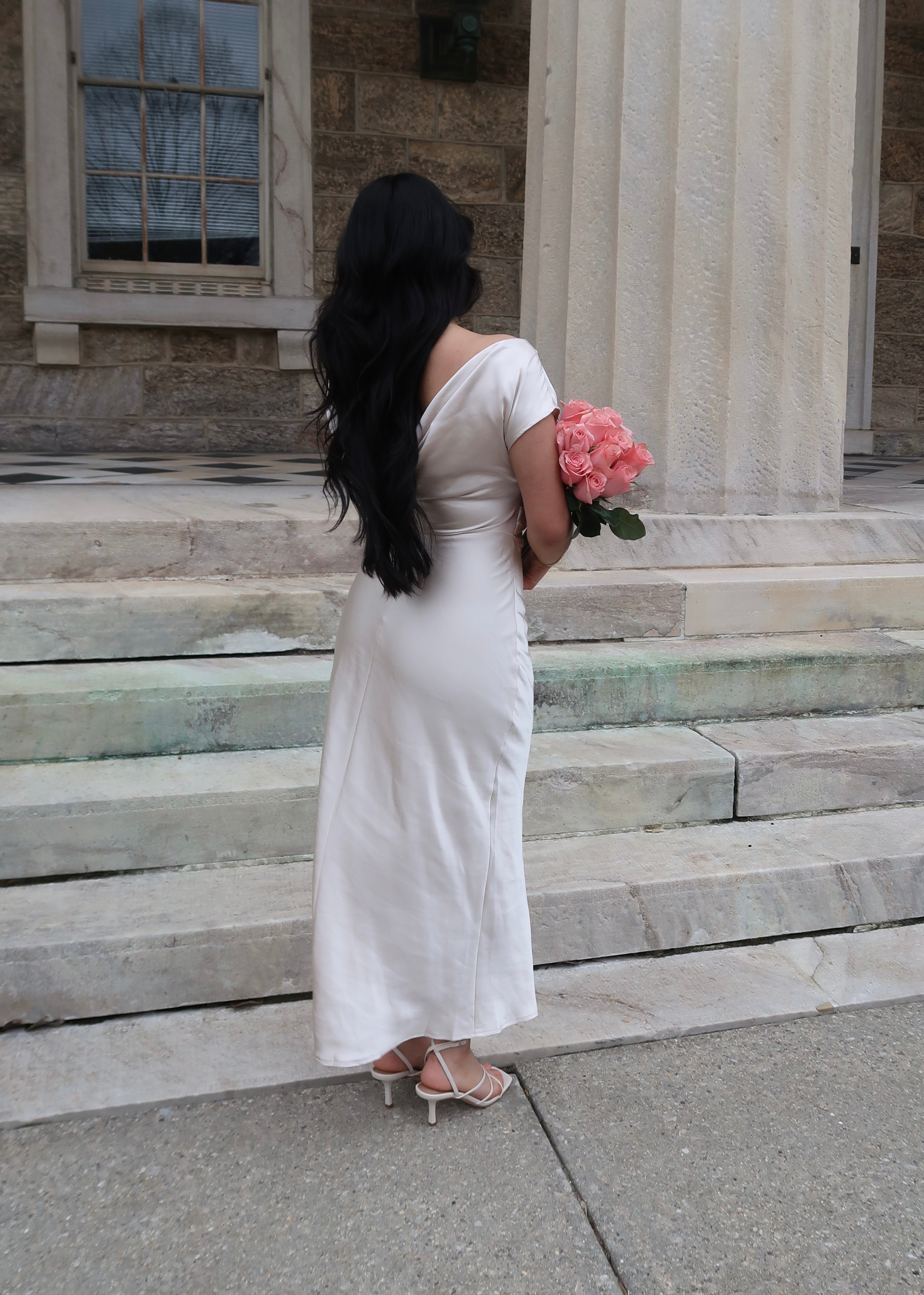 champange midi dress, short sleeve, off the shoulder, low back, ruched