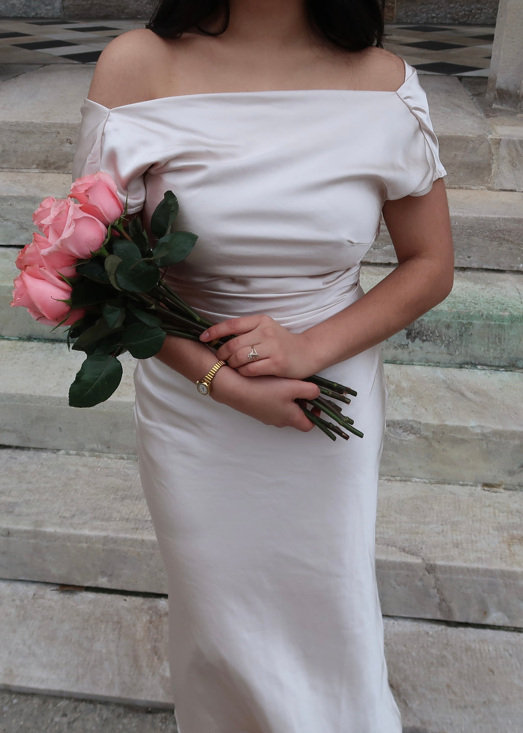 champange midi dress, short sleeve, off the shoulder, low back, ruched