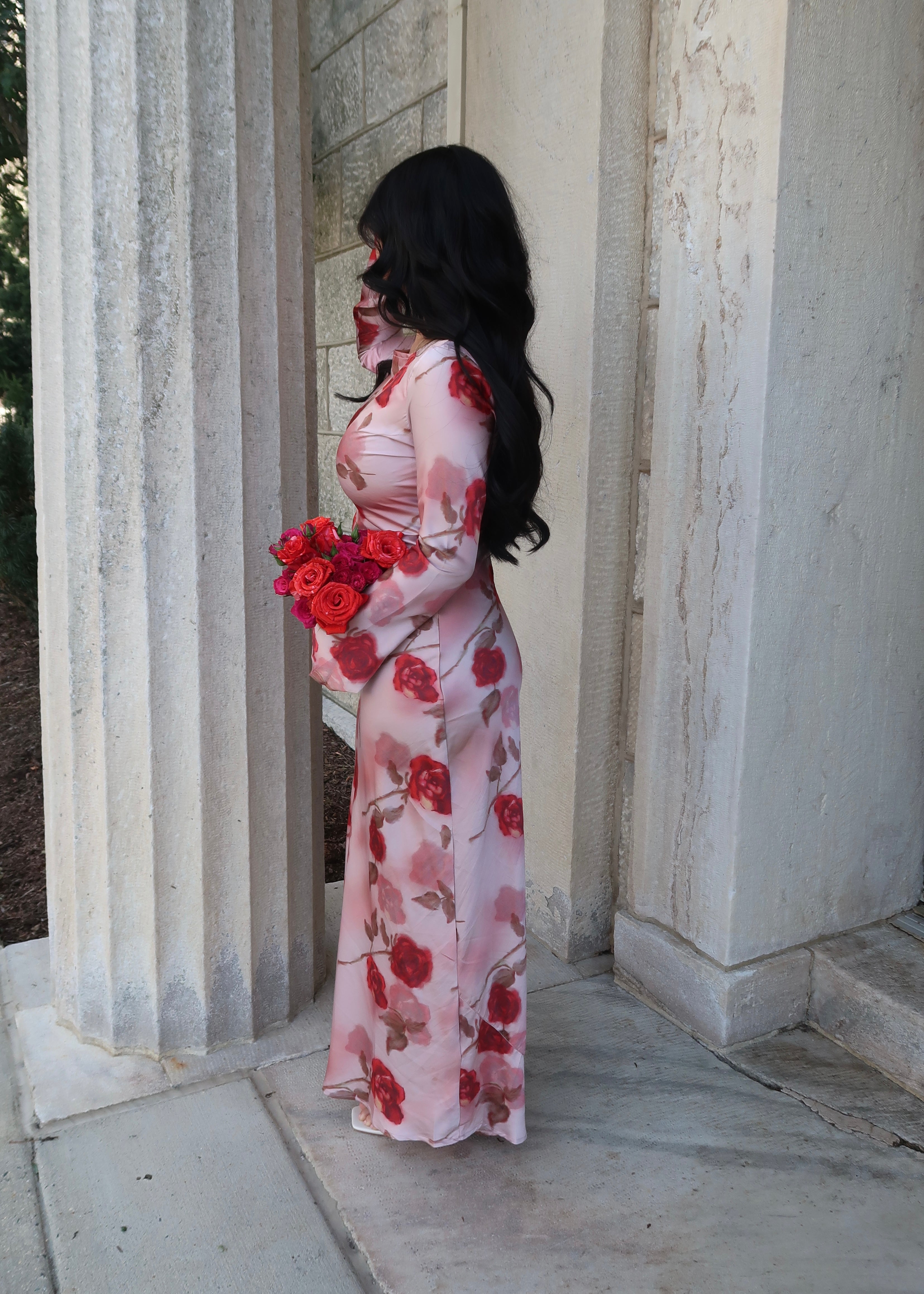 pink floral maxi satin dress, long sleeve, flare sleeve