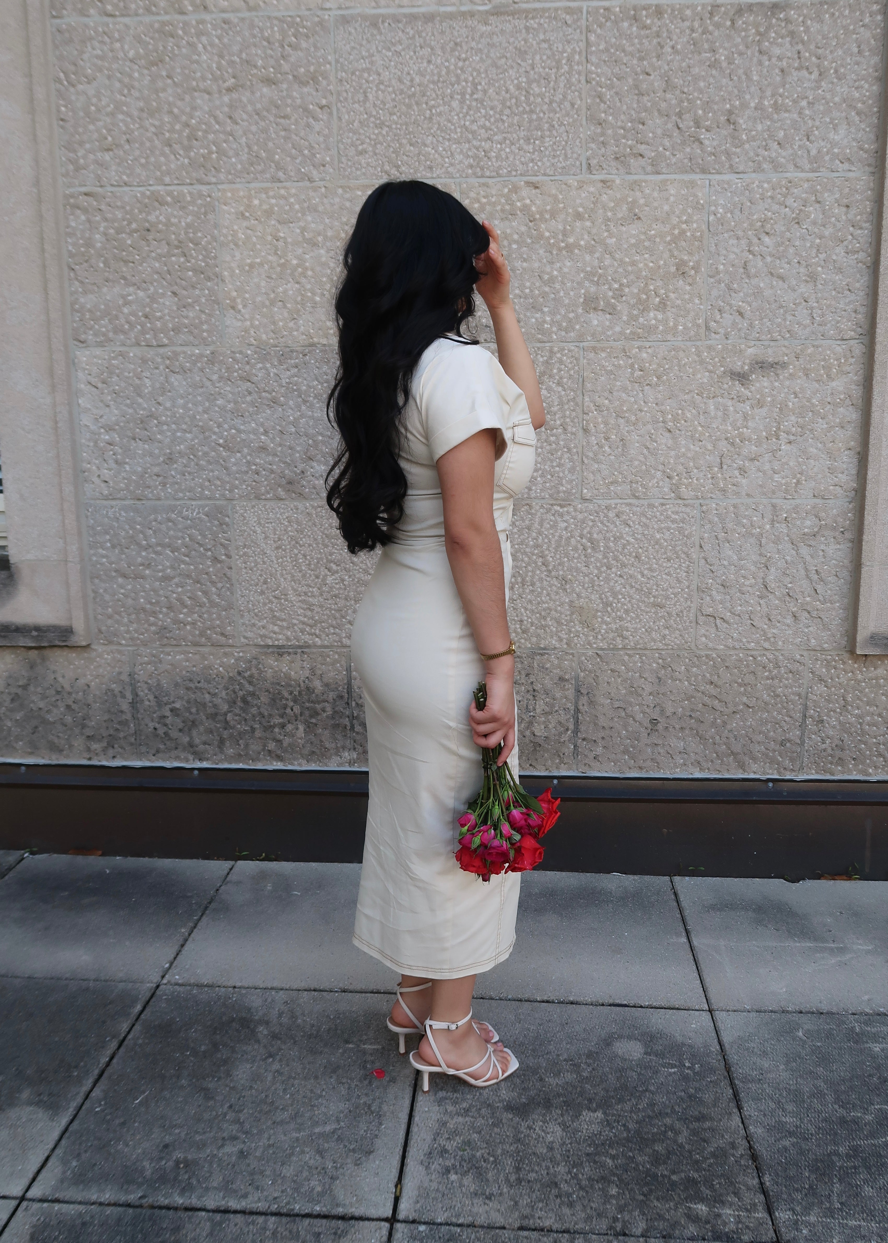 Cream button down midi dress, collared, -neck