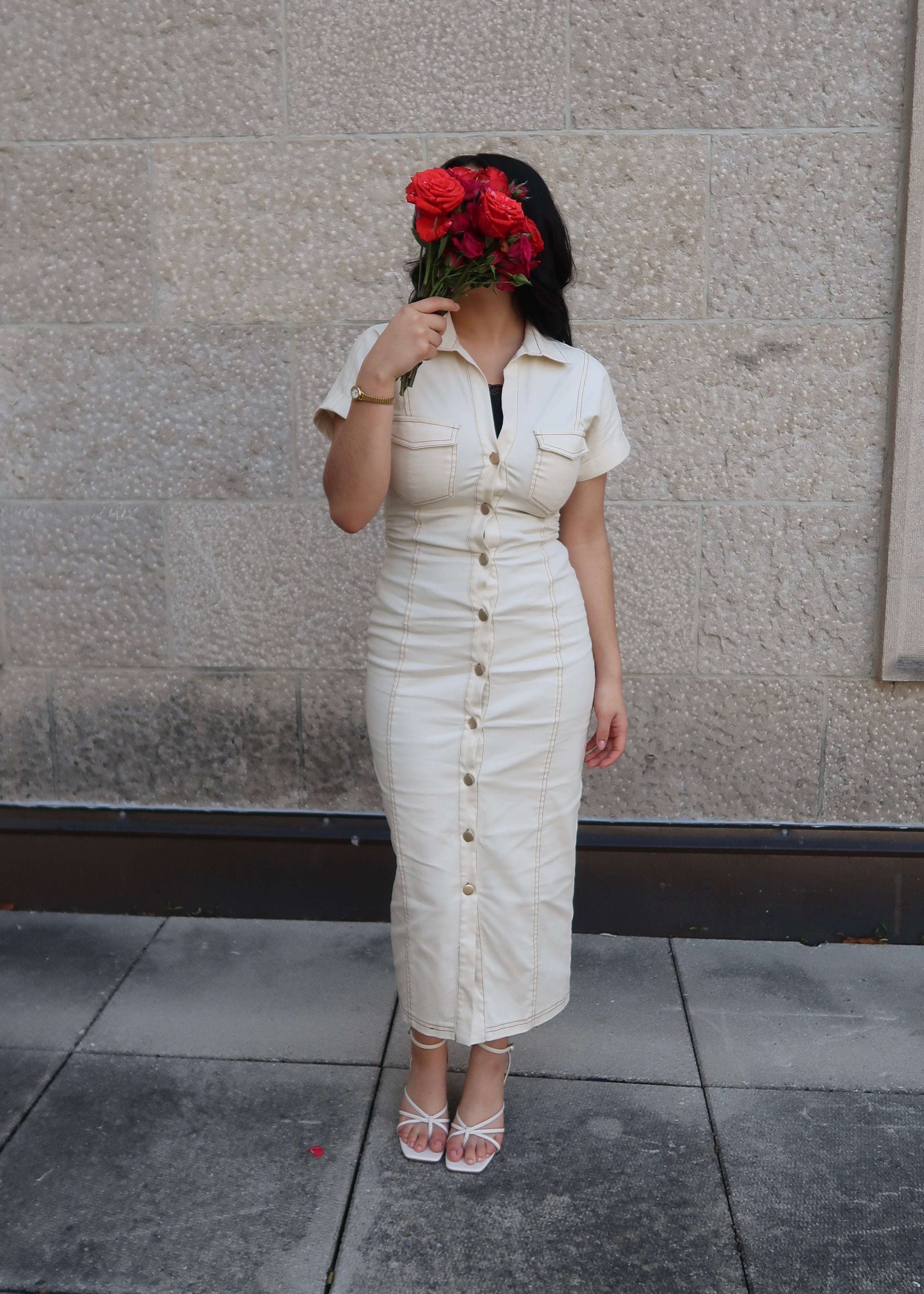 Cream button down midi dress, collared, -neck