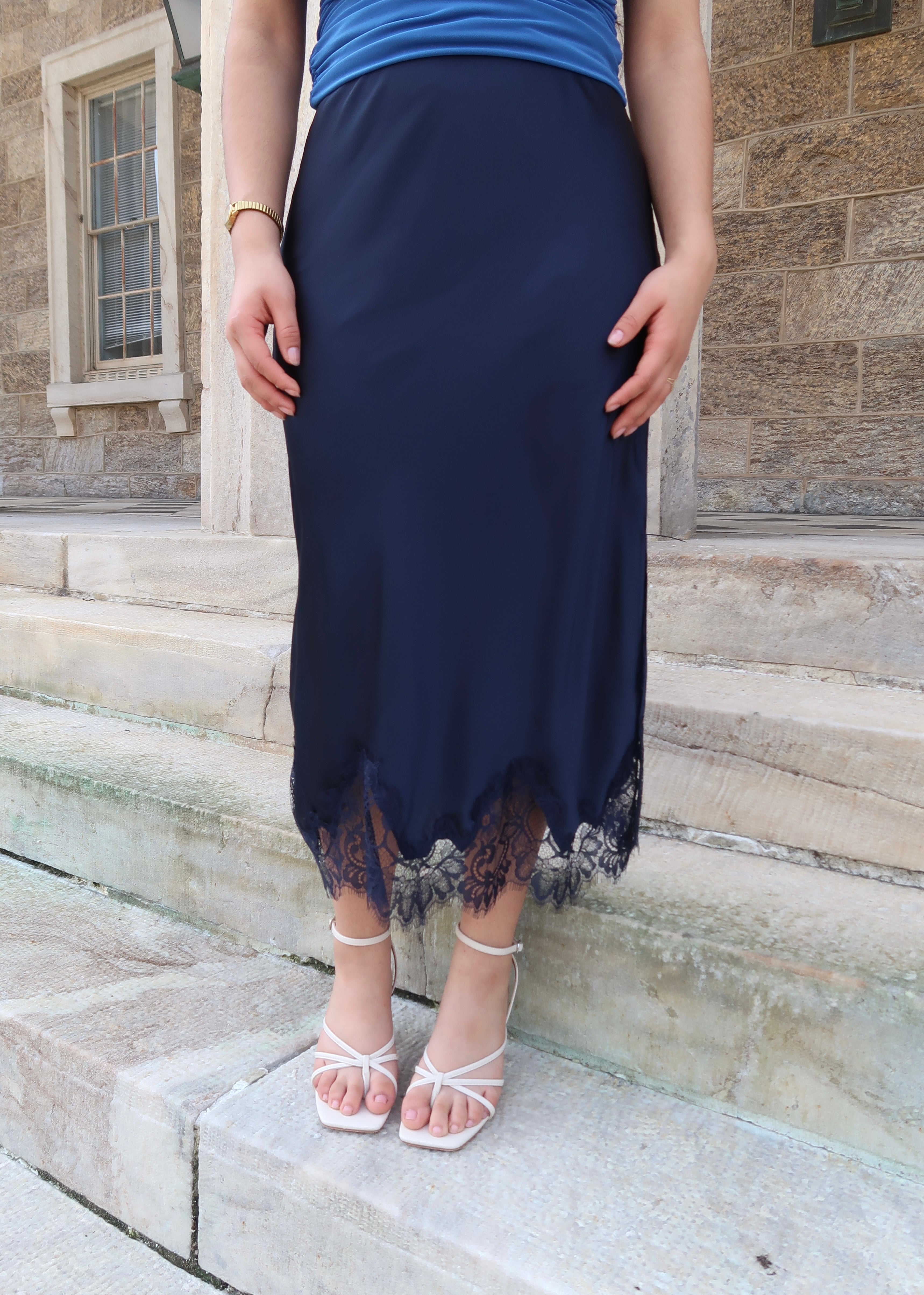 navy blue lace satin skirt, side slit