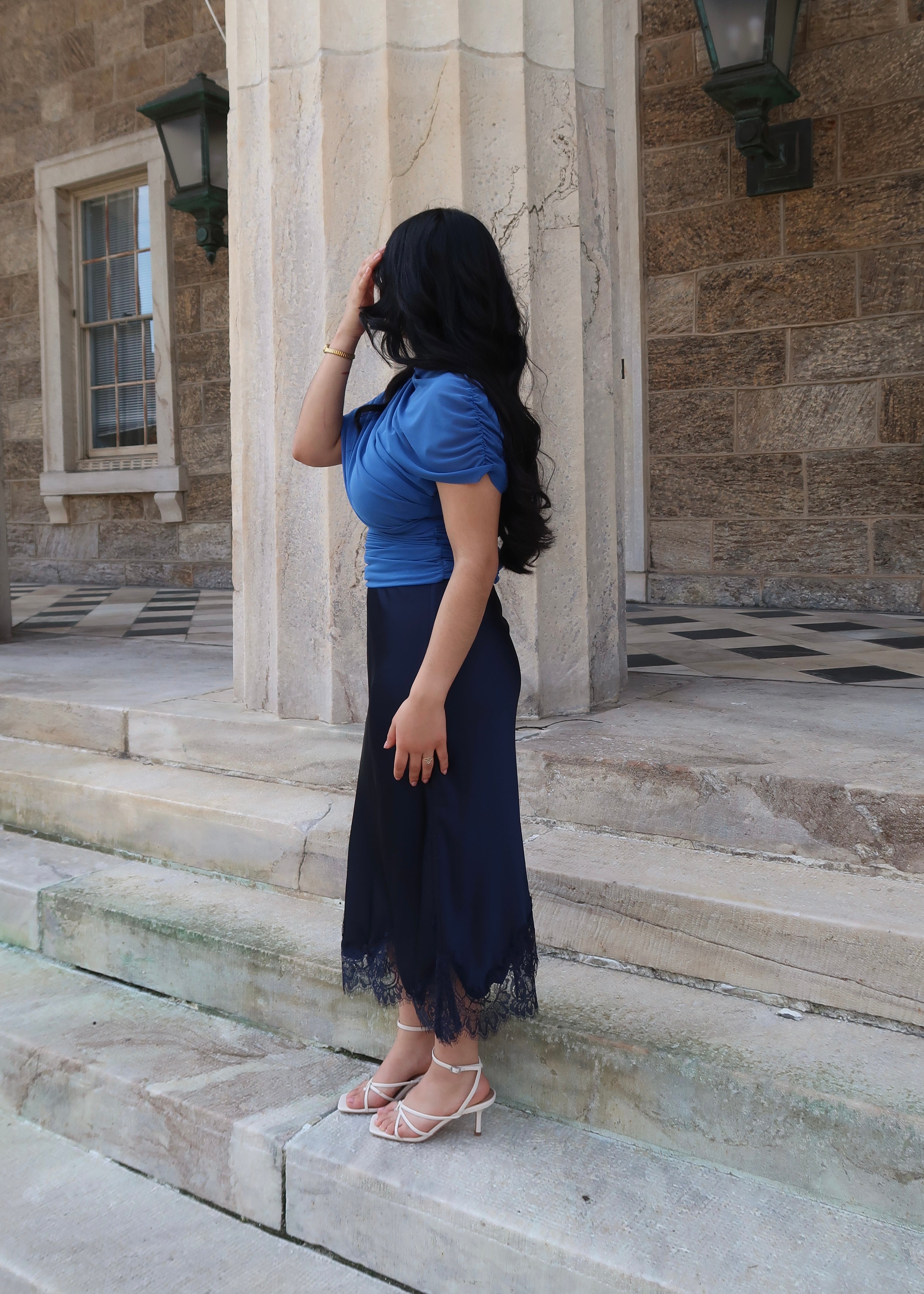 navy blue lace satin skirt, side slit