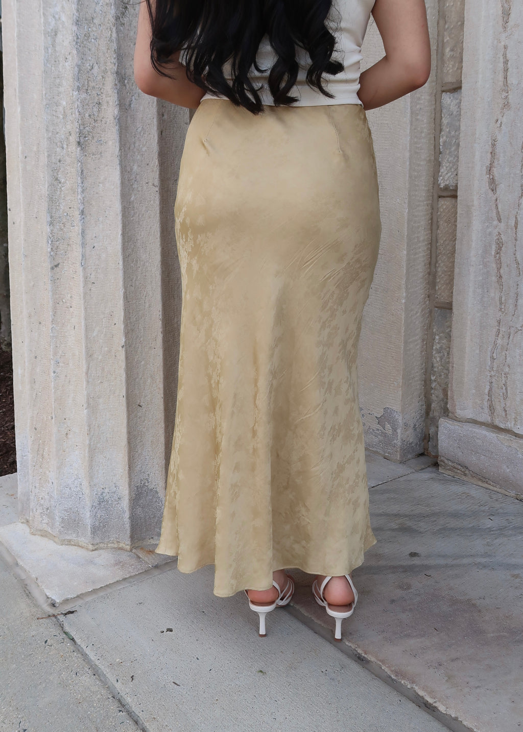 mustard maxi length jacquard print satin skirt 