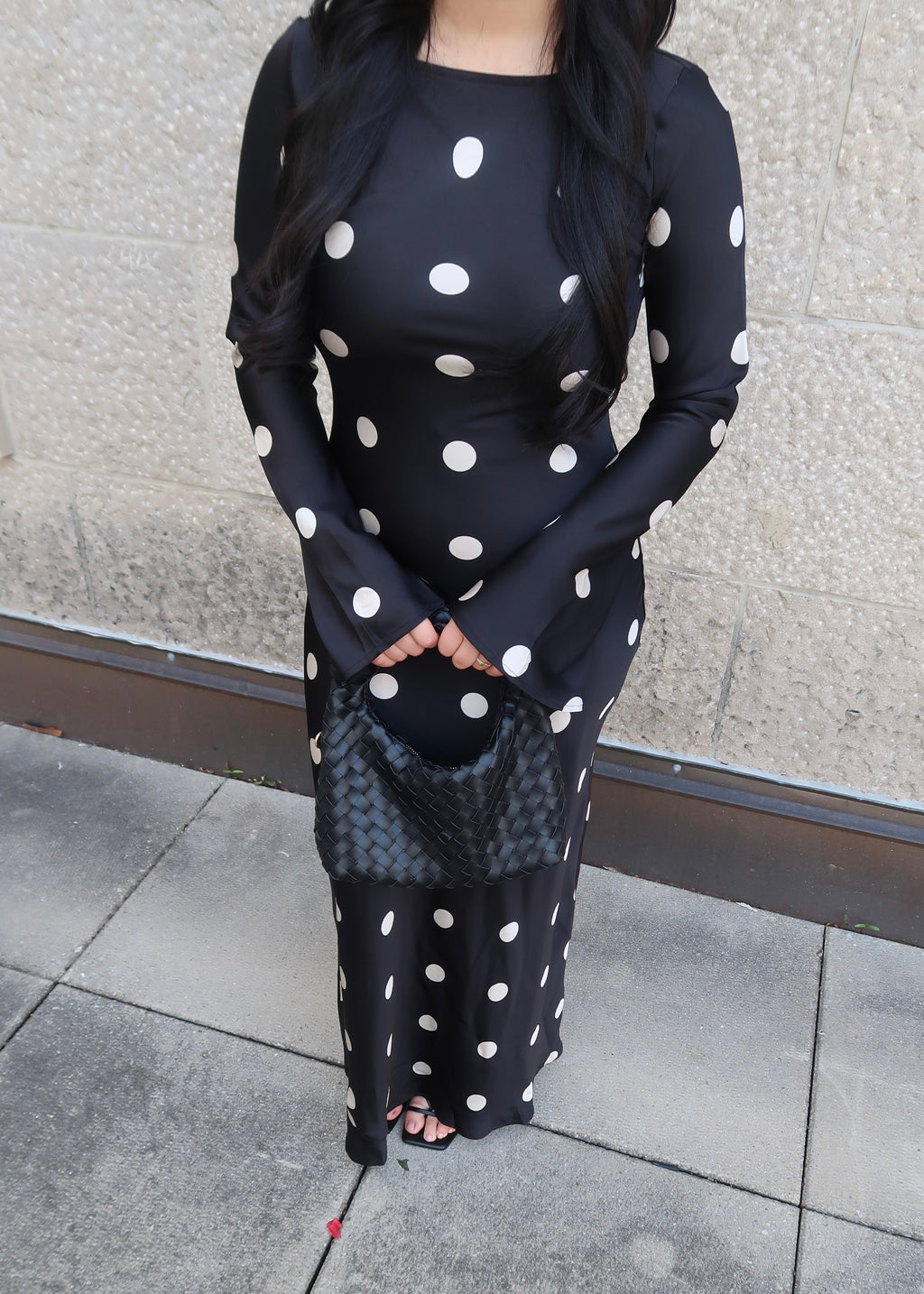 black polka dot maxi satin dress, long sleeve, flare sleeve