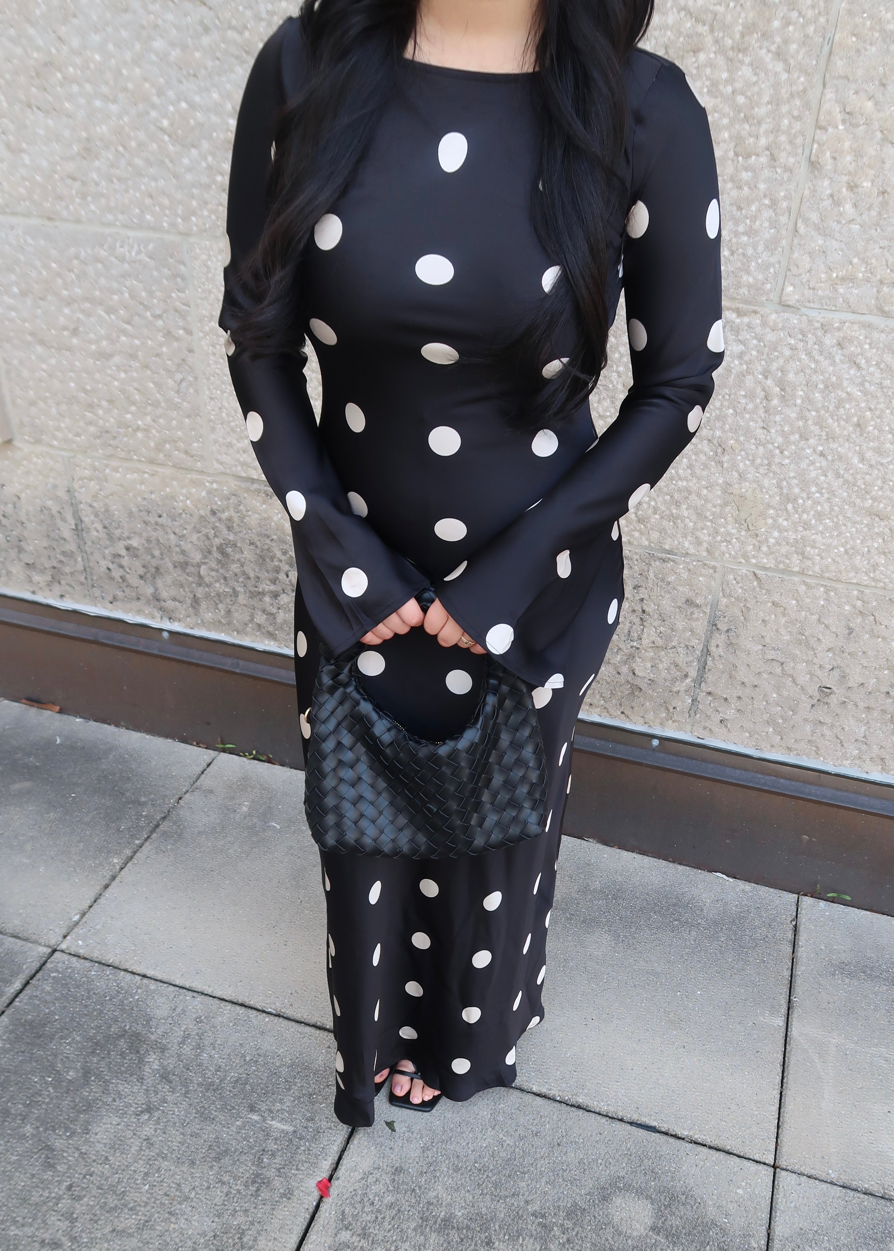 black polka dot maxi satin dress, long sleeve, flare sleeve
