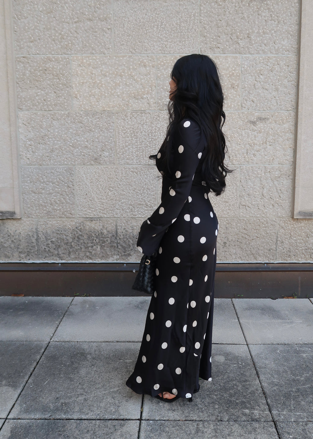 black polka dot maxi satin dress, long sleeve, flare sleeve