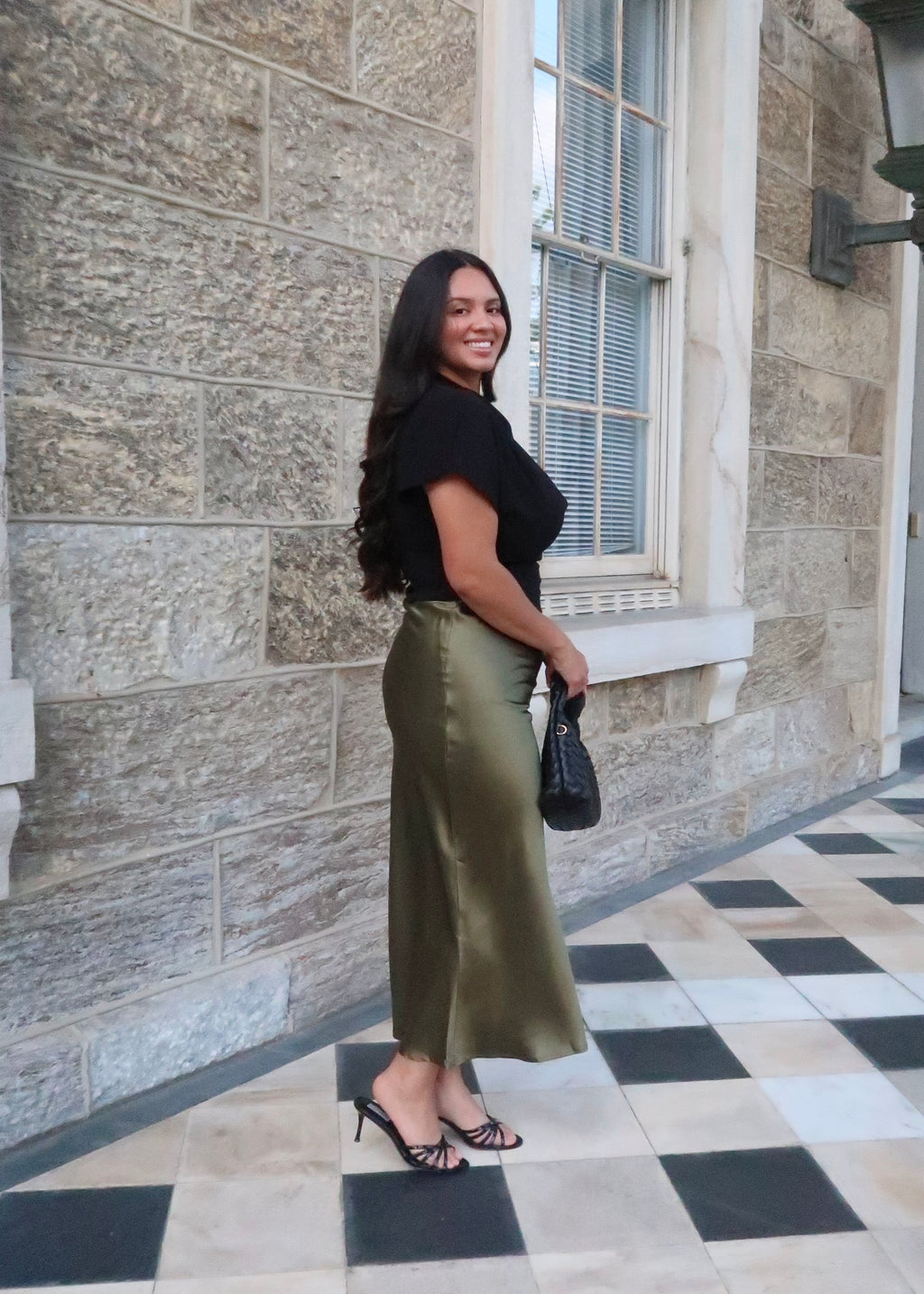 olive green satin midi skirt 