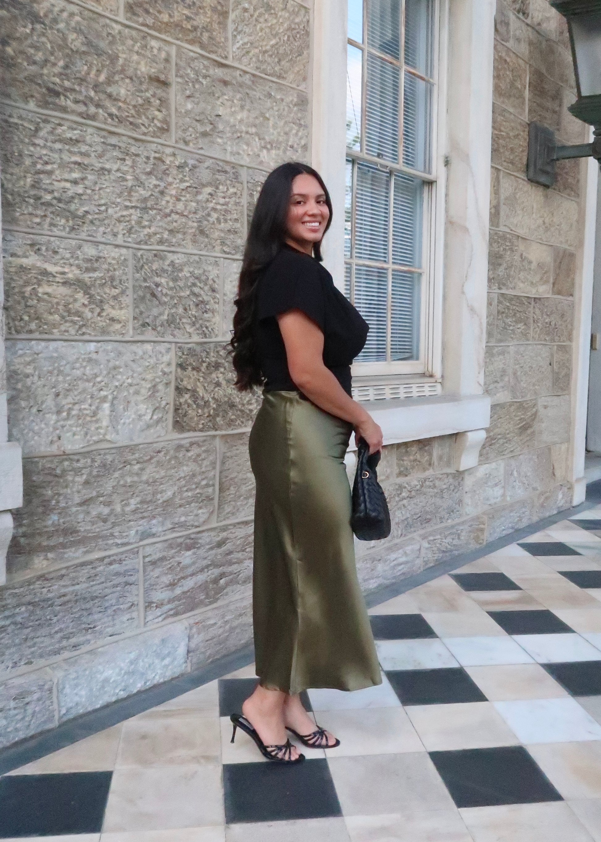 olive green satin midi skirt 