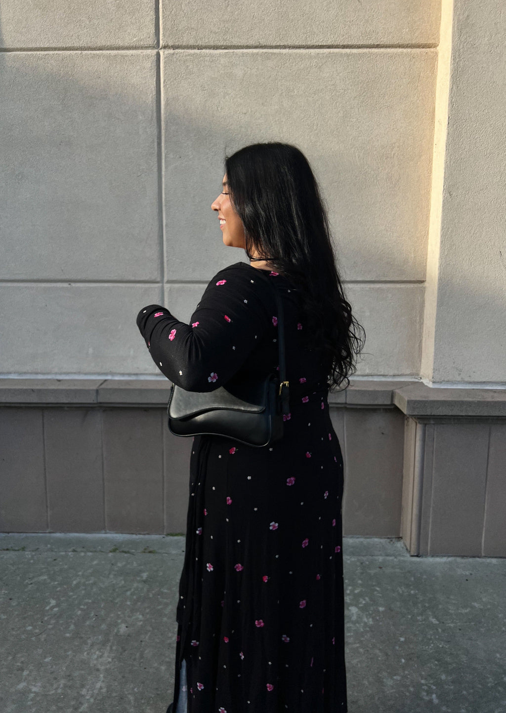 black midi length thigh split square neckline long sleeve pink floral plus size dress curvy