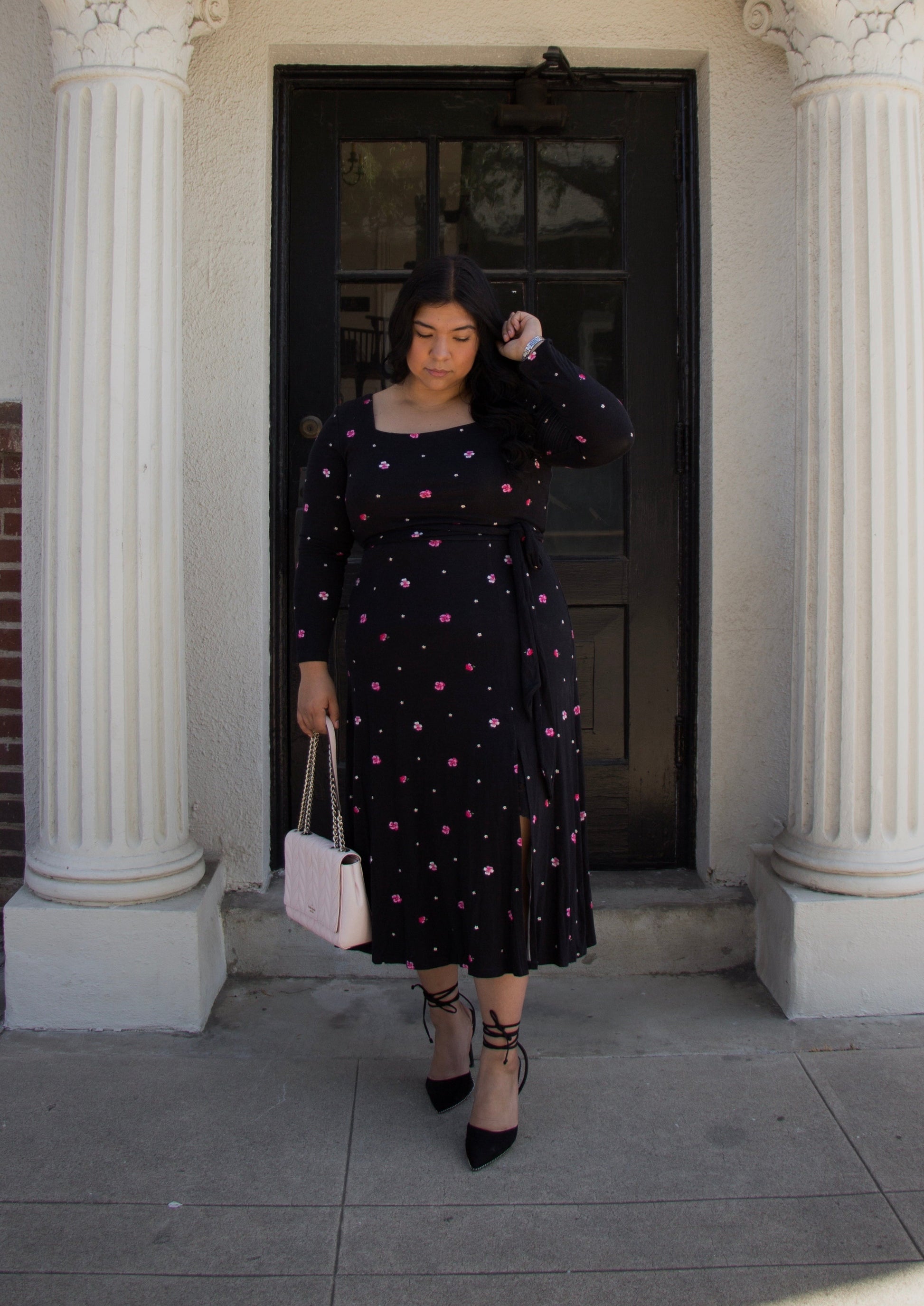 black midi length thigh split square neckline long sleeve pink floral plus size dress curvy