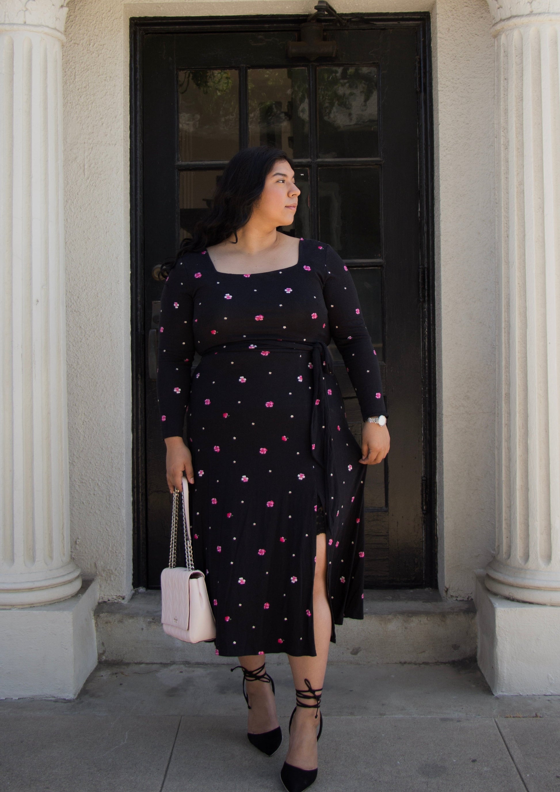 black midi length thigh split square neckline long sleeve pink floral plus size dress curvy