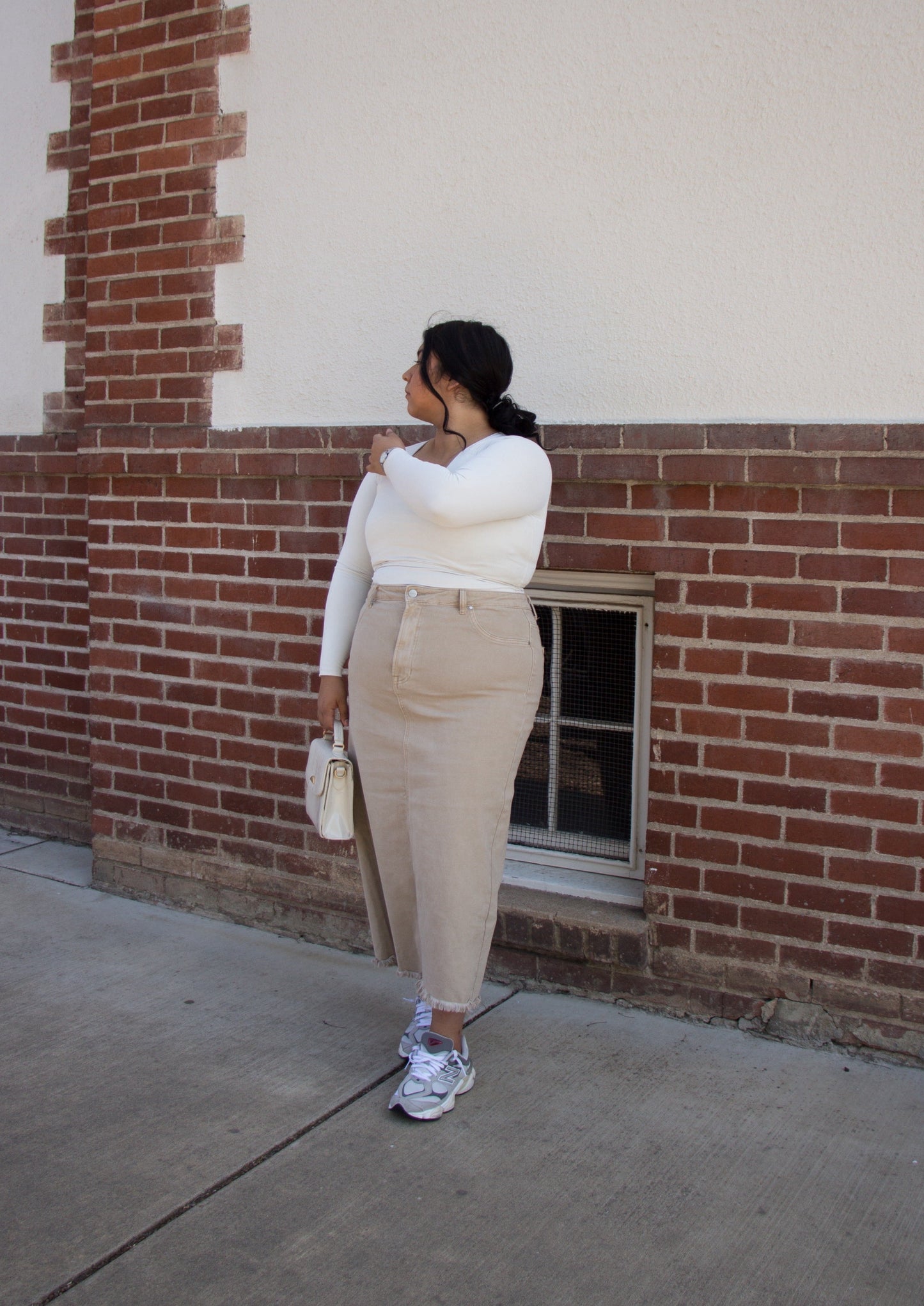 sand, tan, beige, brown denim maxi skirt, slit, curvy, plus