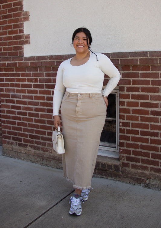 tan, beige, brown, sand maxi denim skirt, curvy, plus