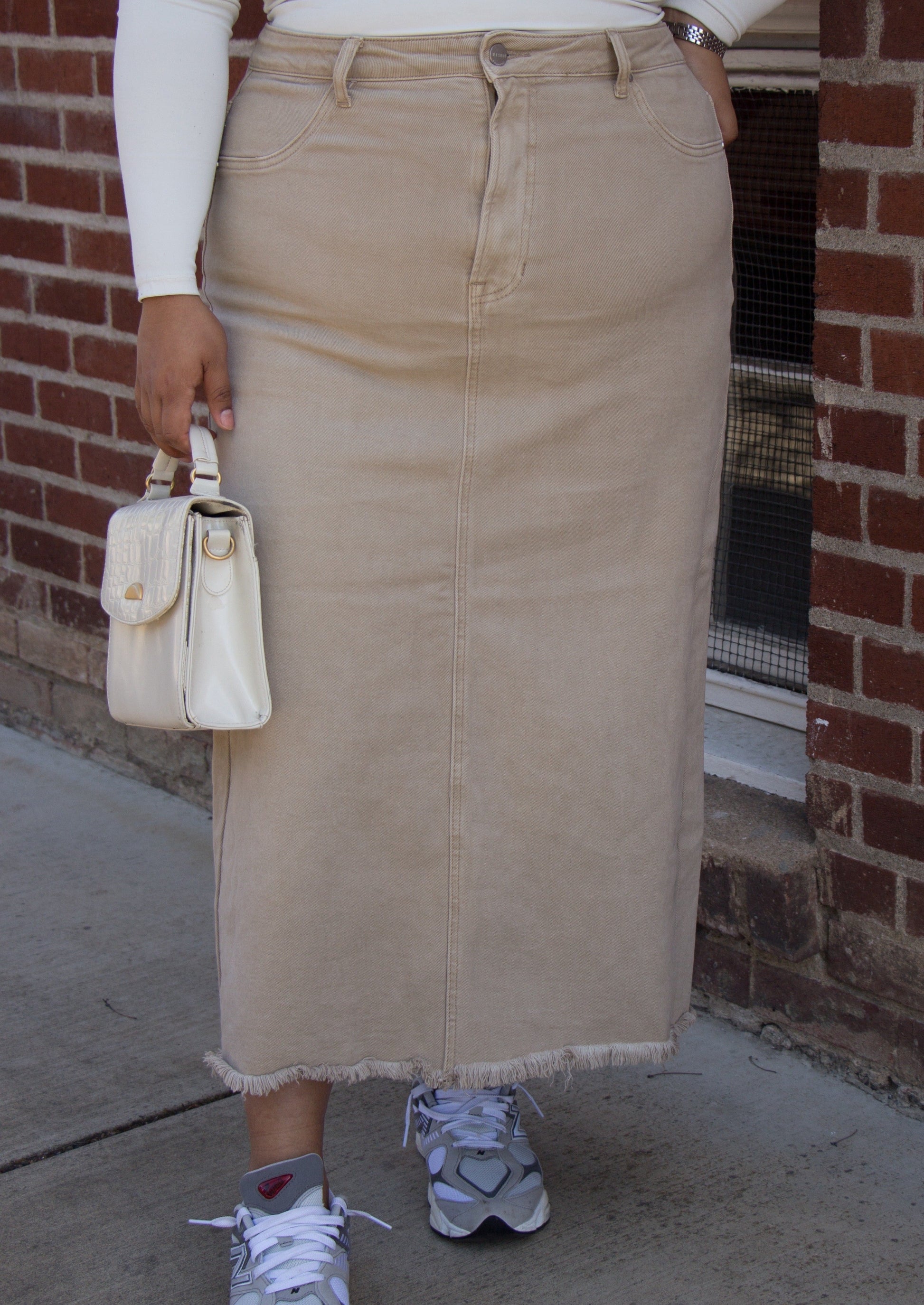 tan, beige, brown, sand maxi denim skirt, curvy, plus