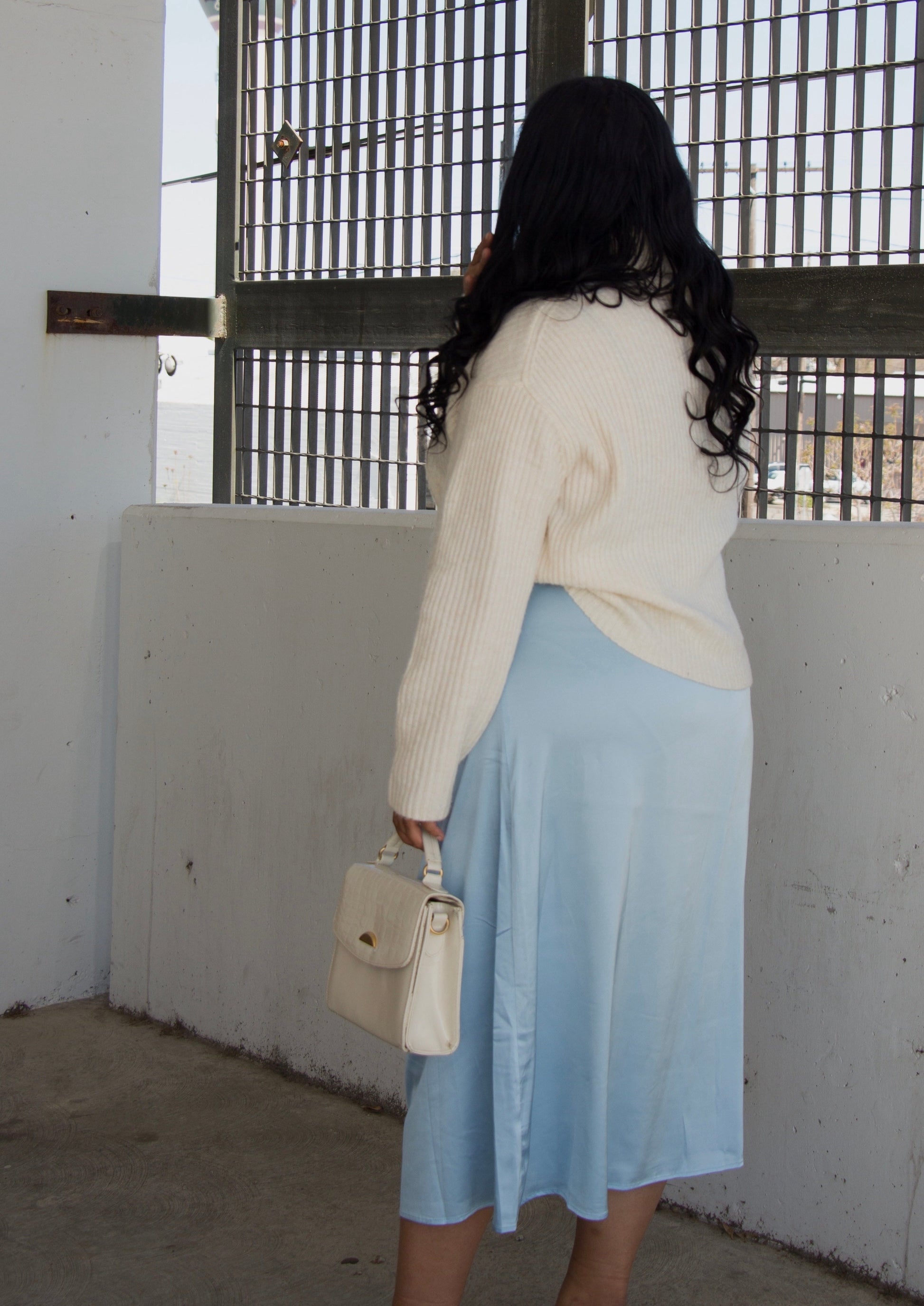 light blue satin midi skirt plus curvy