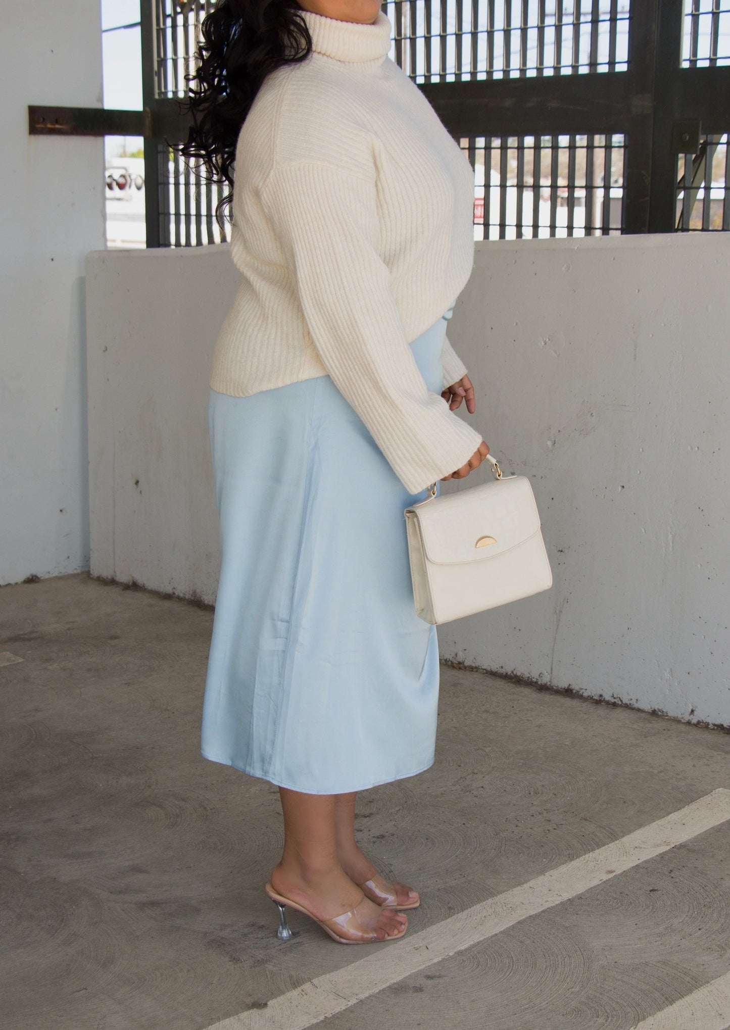 light blue satin midi skirt plus curvy