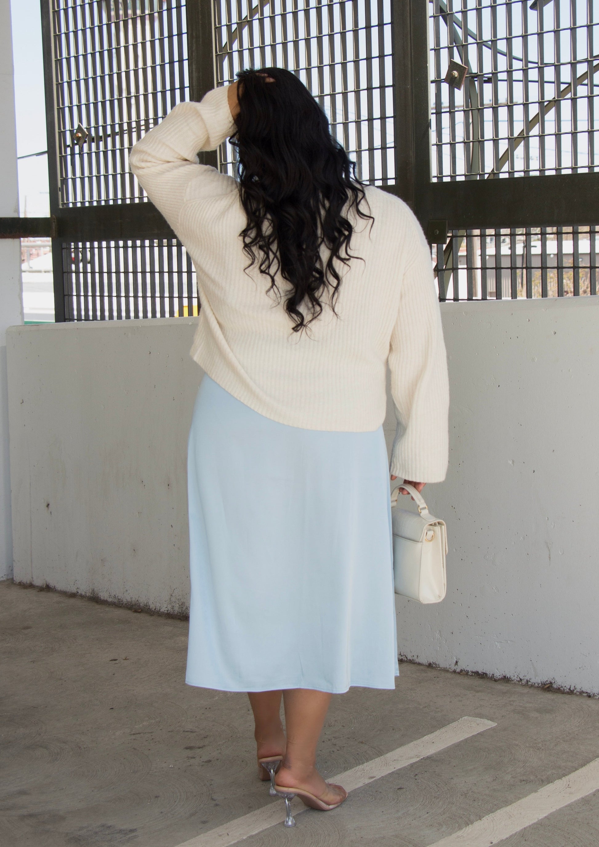 light blue satin midi skirt plus curvy