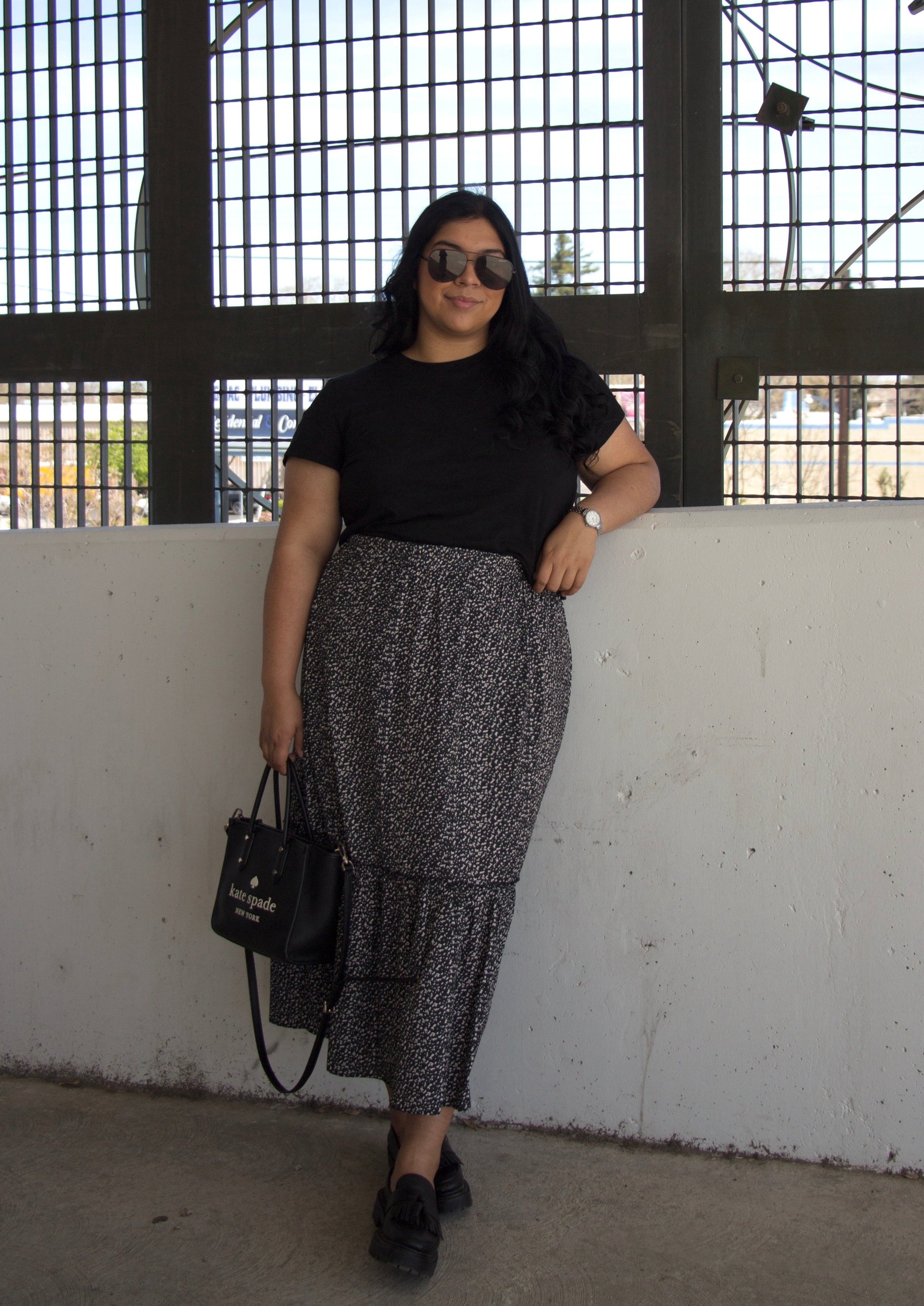 black and white tiered maxi skirt plus size curvy