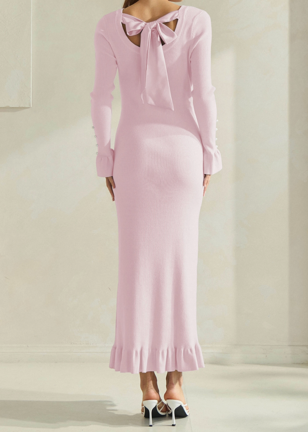 pink maxi dress, long sleeve, bow, pearl detail