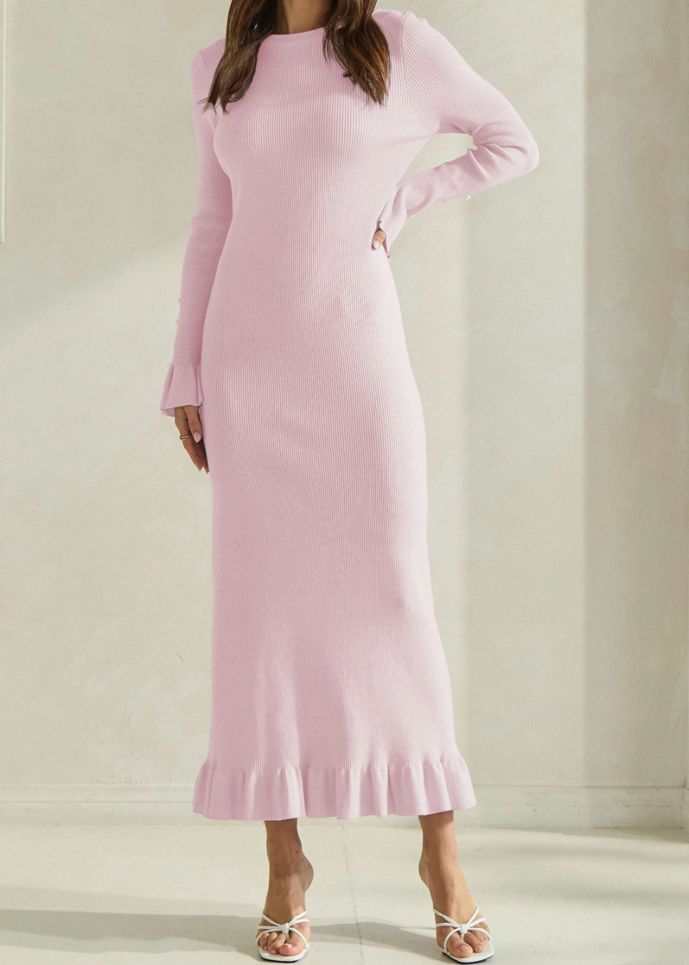 pink maxi dress, long sleeve, bow, pearl detail
