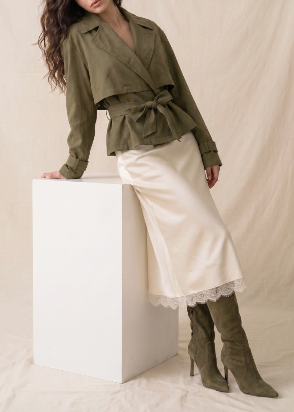 A model wearing an olive green belted wrap jacket and matching green suede boots, paired with a cream satin skirt, leaning against a white block on a beige fabric backdrop.