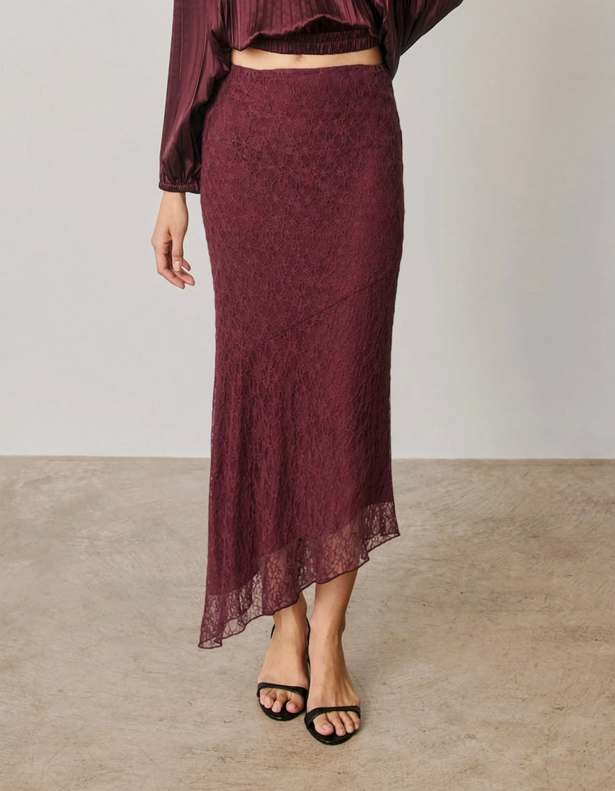 Asymmetrical Lace Midi Skirt - Sangria