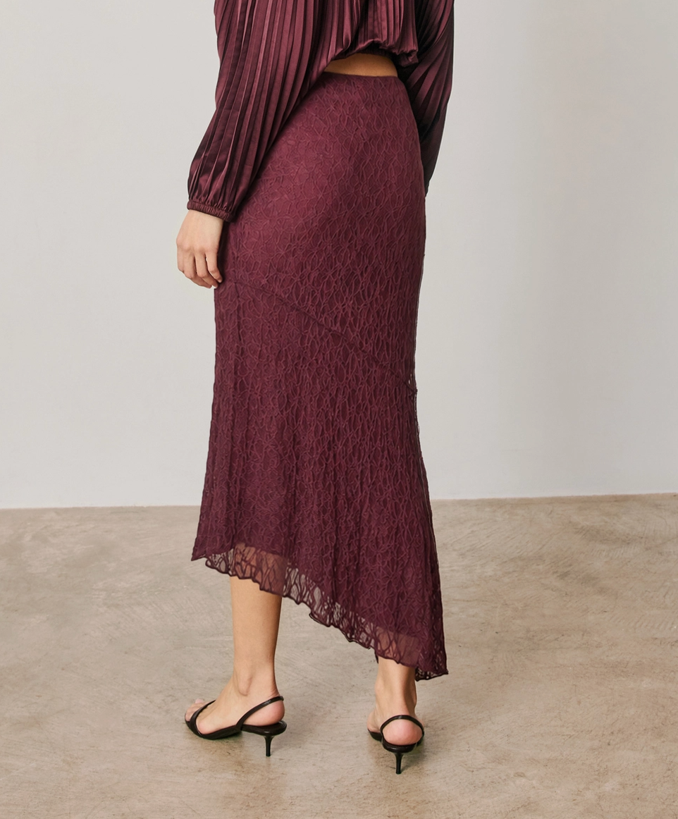Asymmetrical Lace Midi Skirt - Sangria