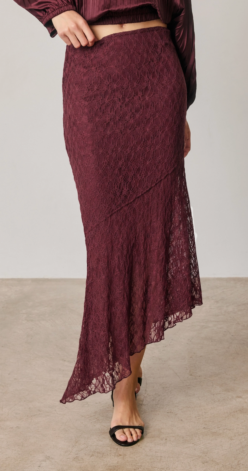 Asymmetrical Lace Midi Skirt - Sangria