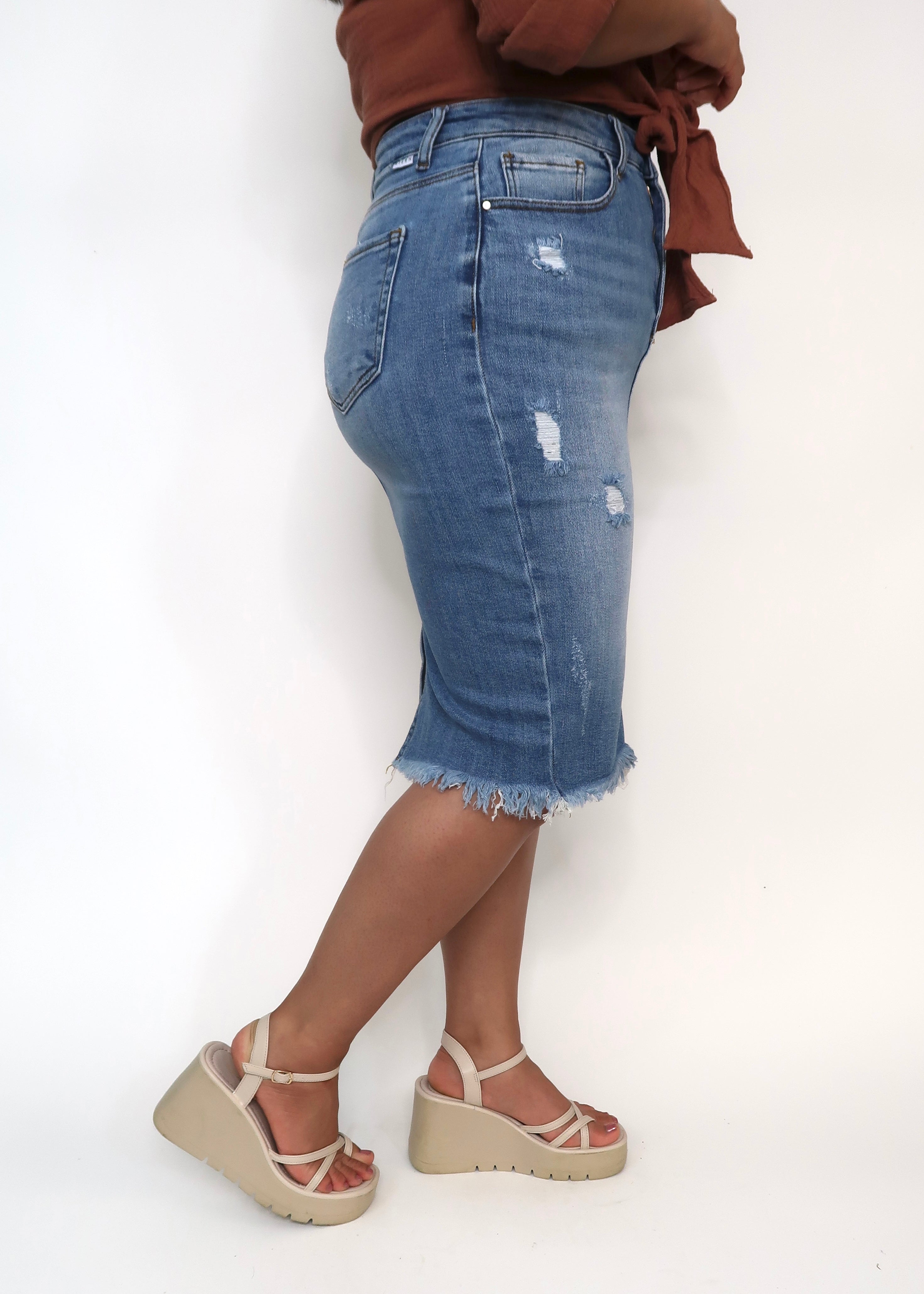 Yours distressed denim mini skirt in mid wash blue | ASOS