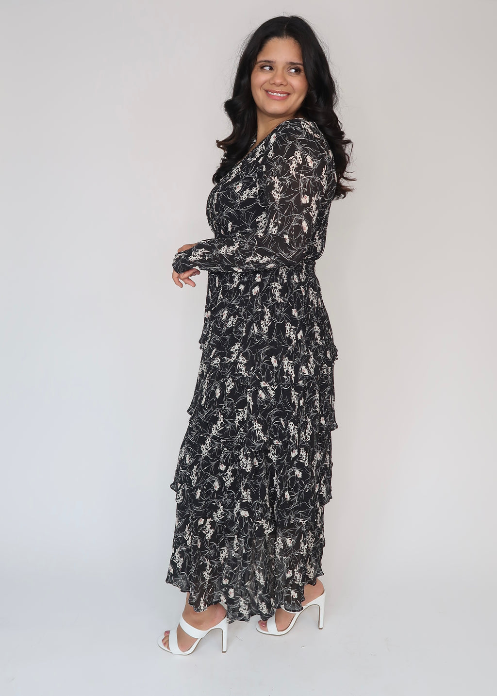 black floral maxi midi dress, long sleeve, v-neck, tiered, pleated