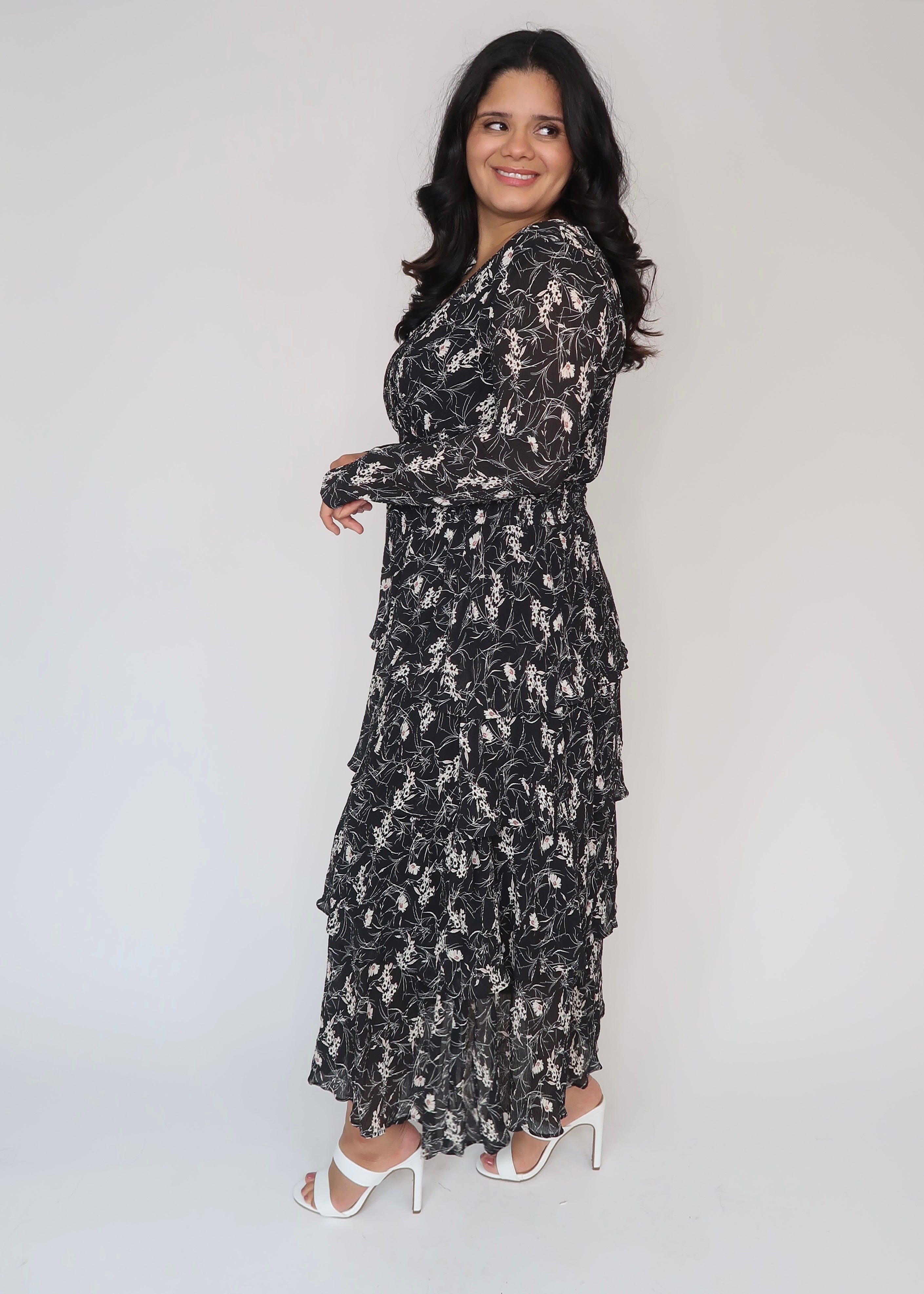black floral maxi midi dress, long sleeve, v-neck, tiered, pleated