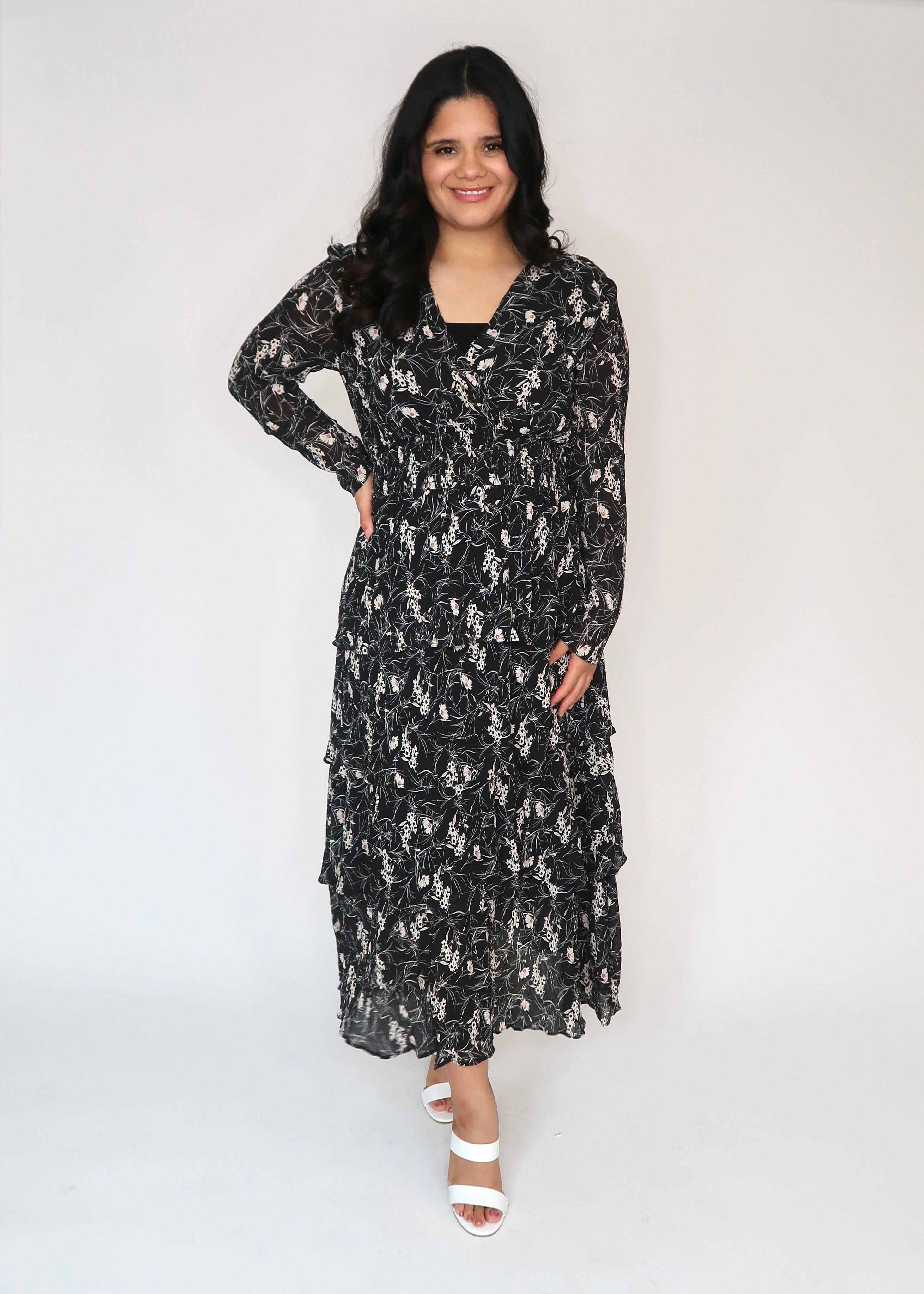 black floral maxi midi dress, long sleeve, v-neck, tiered, pleated