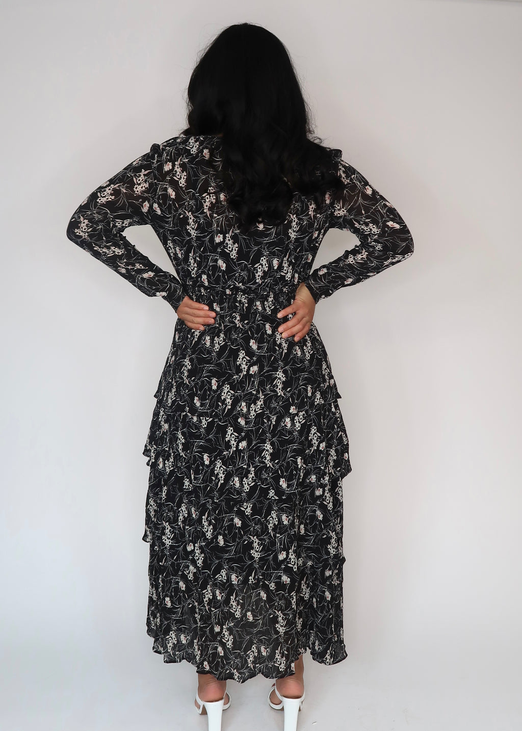 black floral maxi midi dress, long sleeve, v-neck, tiered, pleated