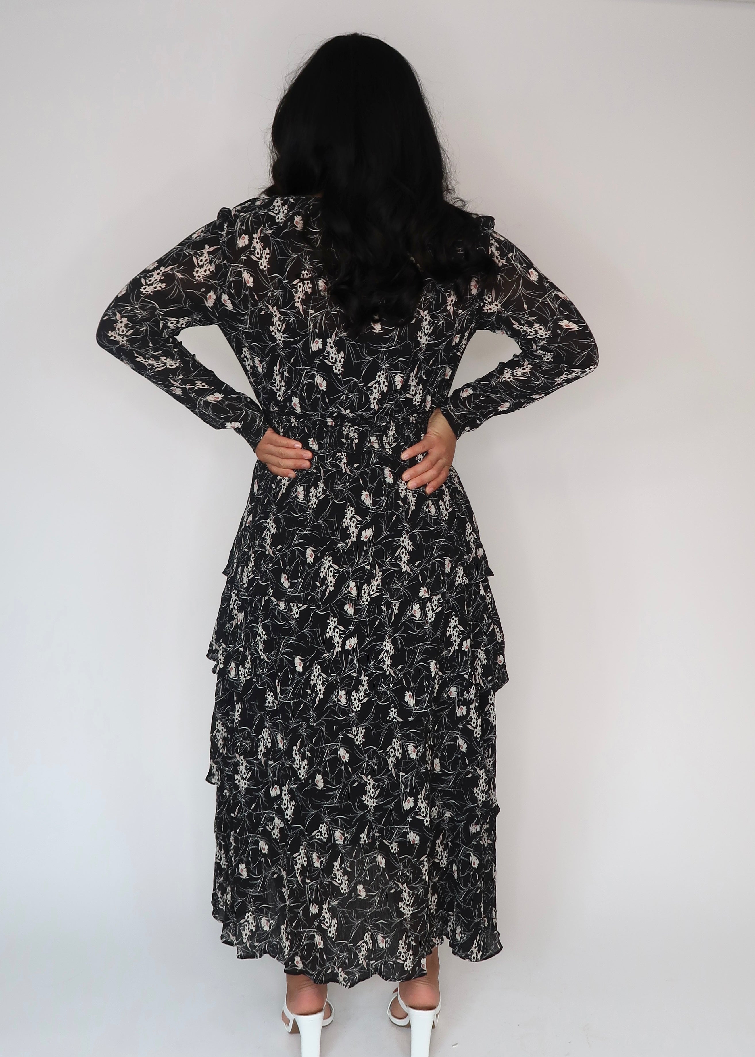 black floral maxi midi dress, long sleeve, v-neck, tiered, pleated