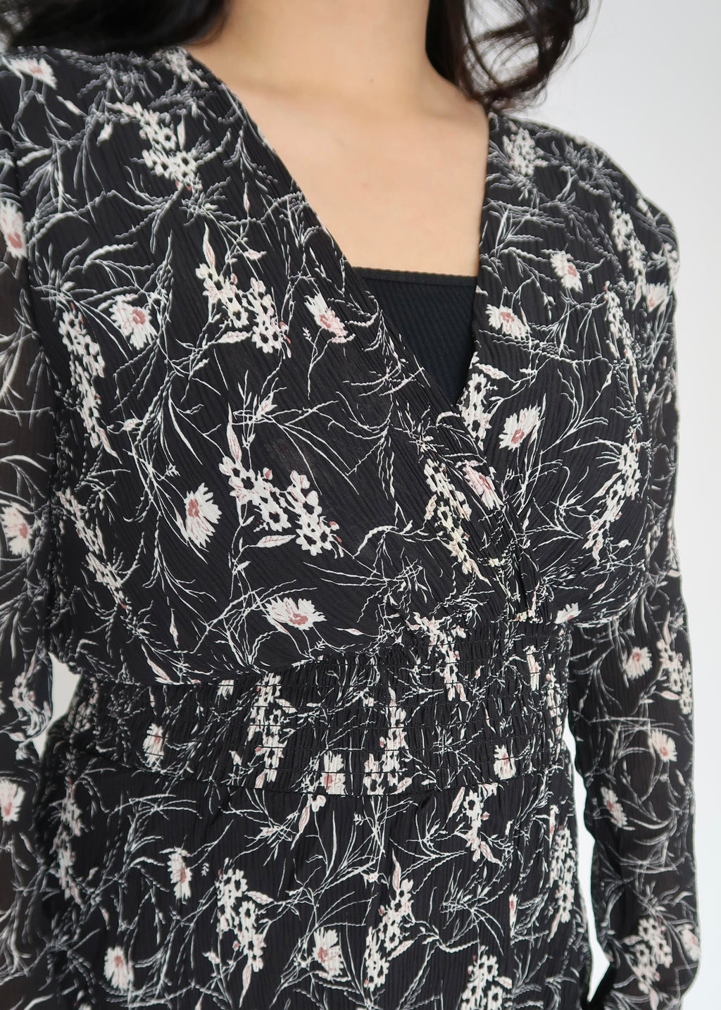 black floral maxi midi dress, long sleeve, v-neck, tiered, pleated