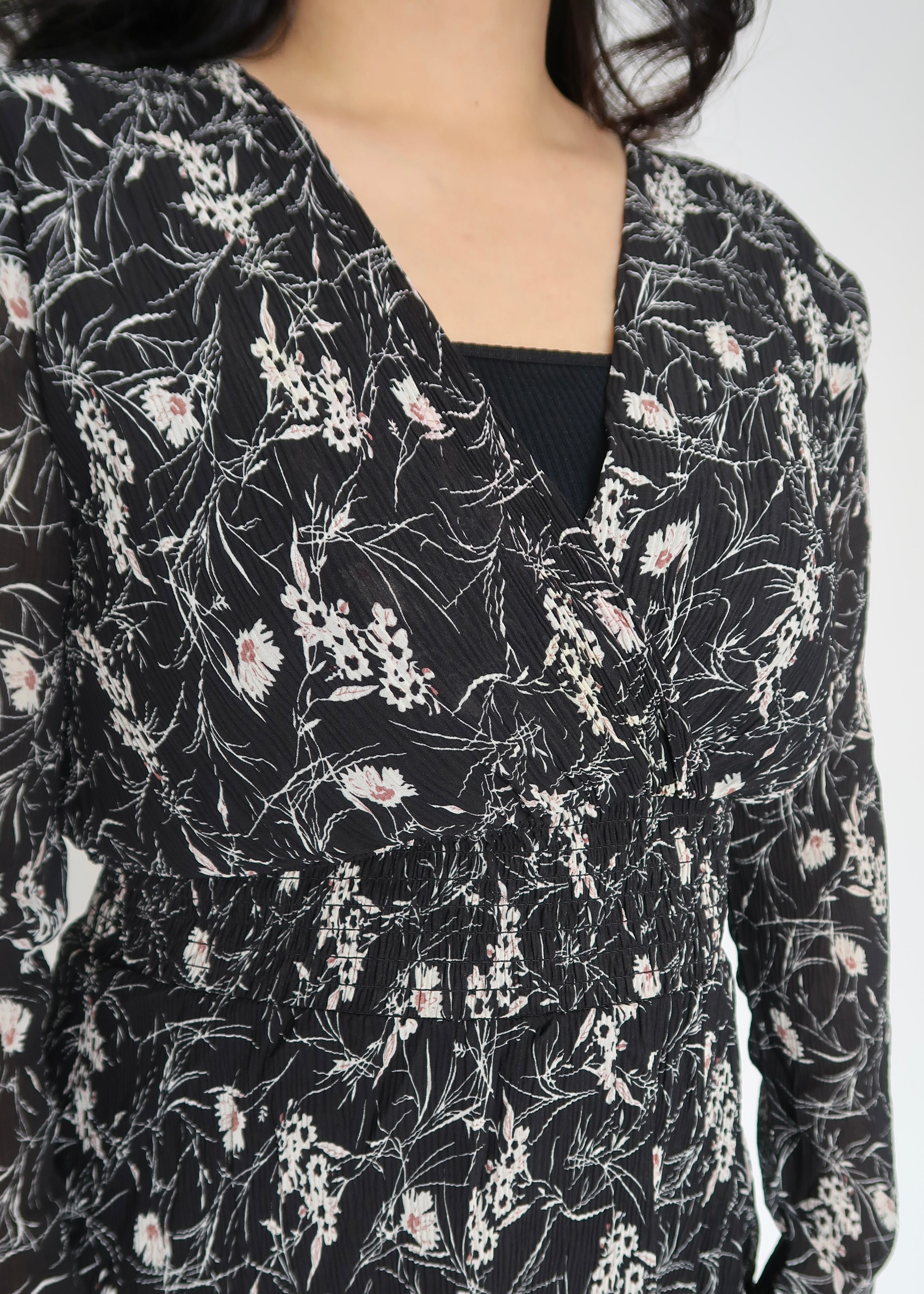 black floral maxi midi dress, long sleeve, v-neck, tiered, pleated