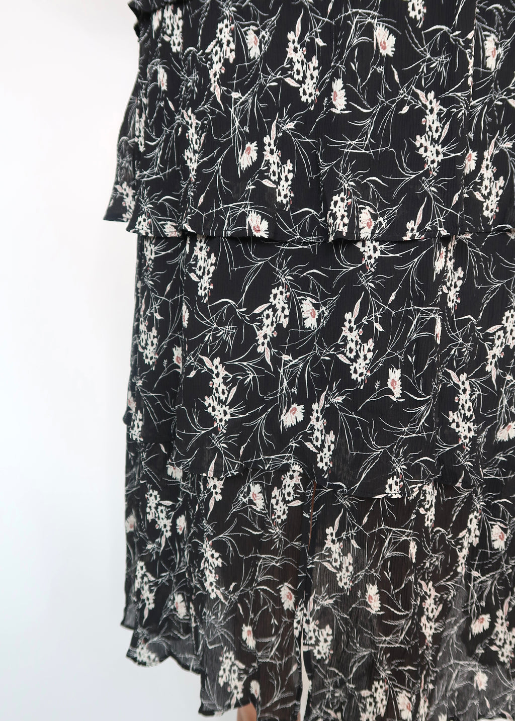 black floral maxi midi dress, long sleeve, v-neck, tiered, pleated