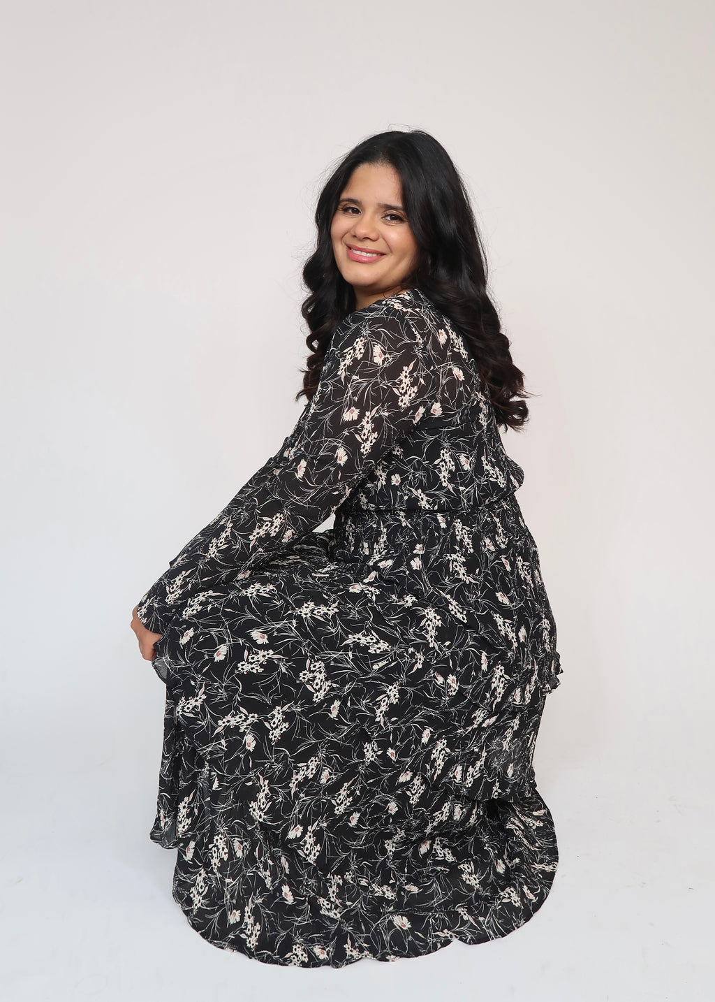 black floral maxi midi dress, long sleeve, v-neck, tiered, pleated