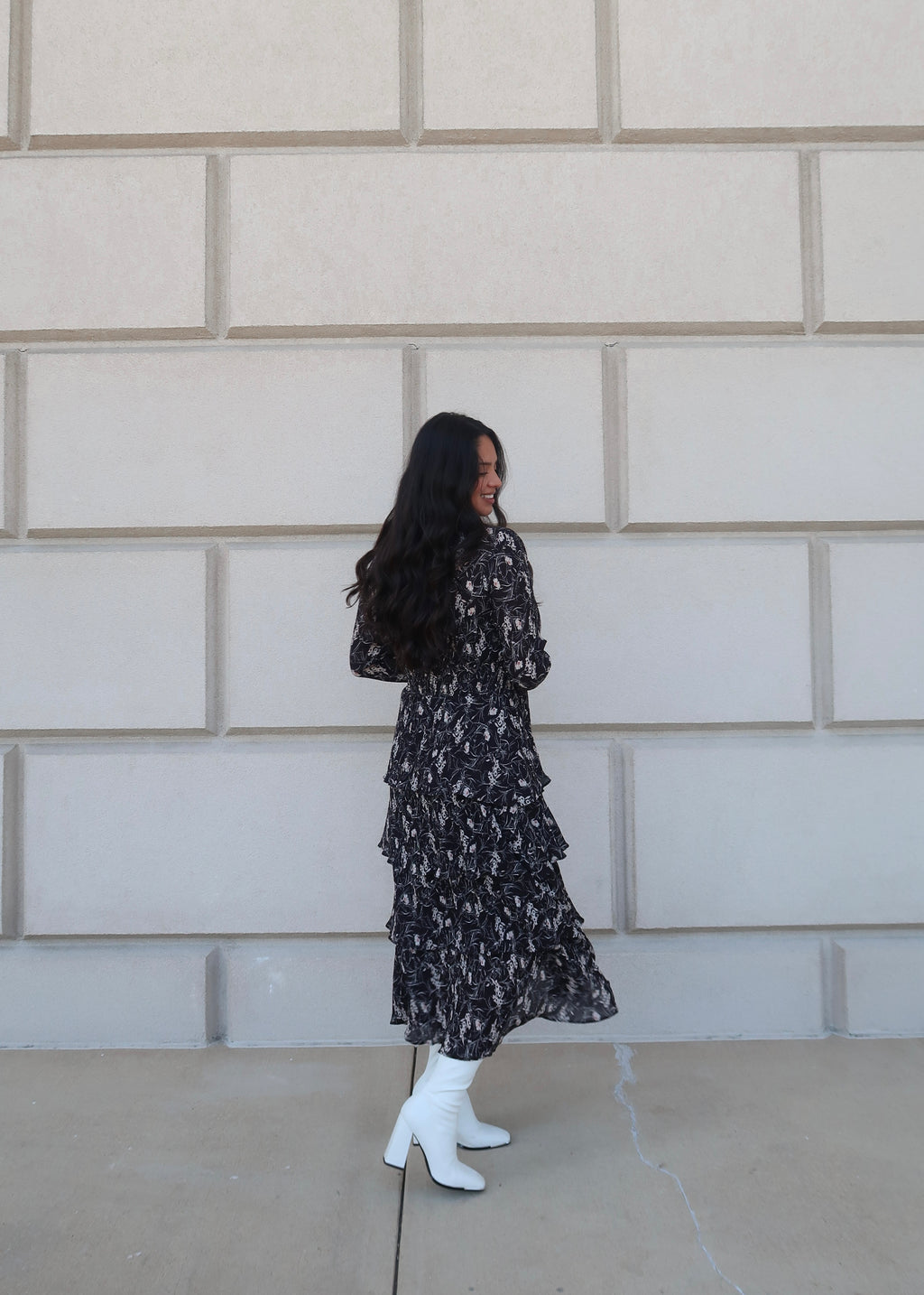 black floral maxi midi dress, long sleeve, v-neck, tiered, pleated