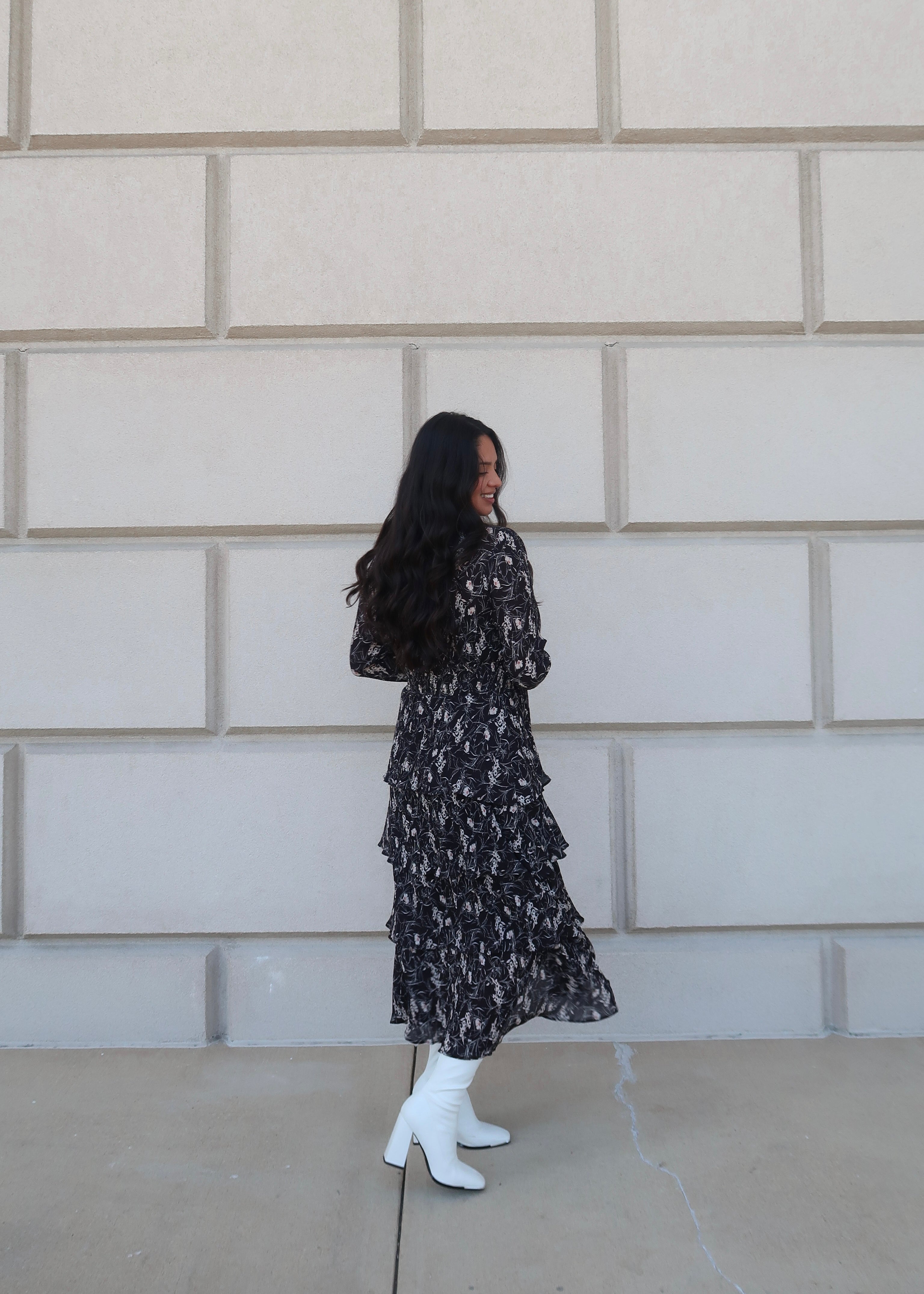 black floral maxi midi dress, long sleeve, v-neck, tiered, pleated