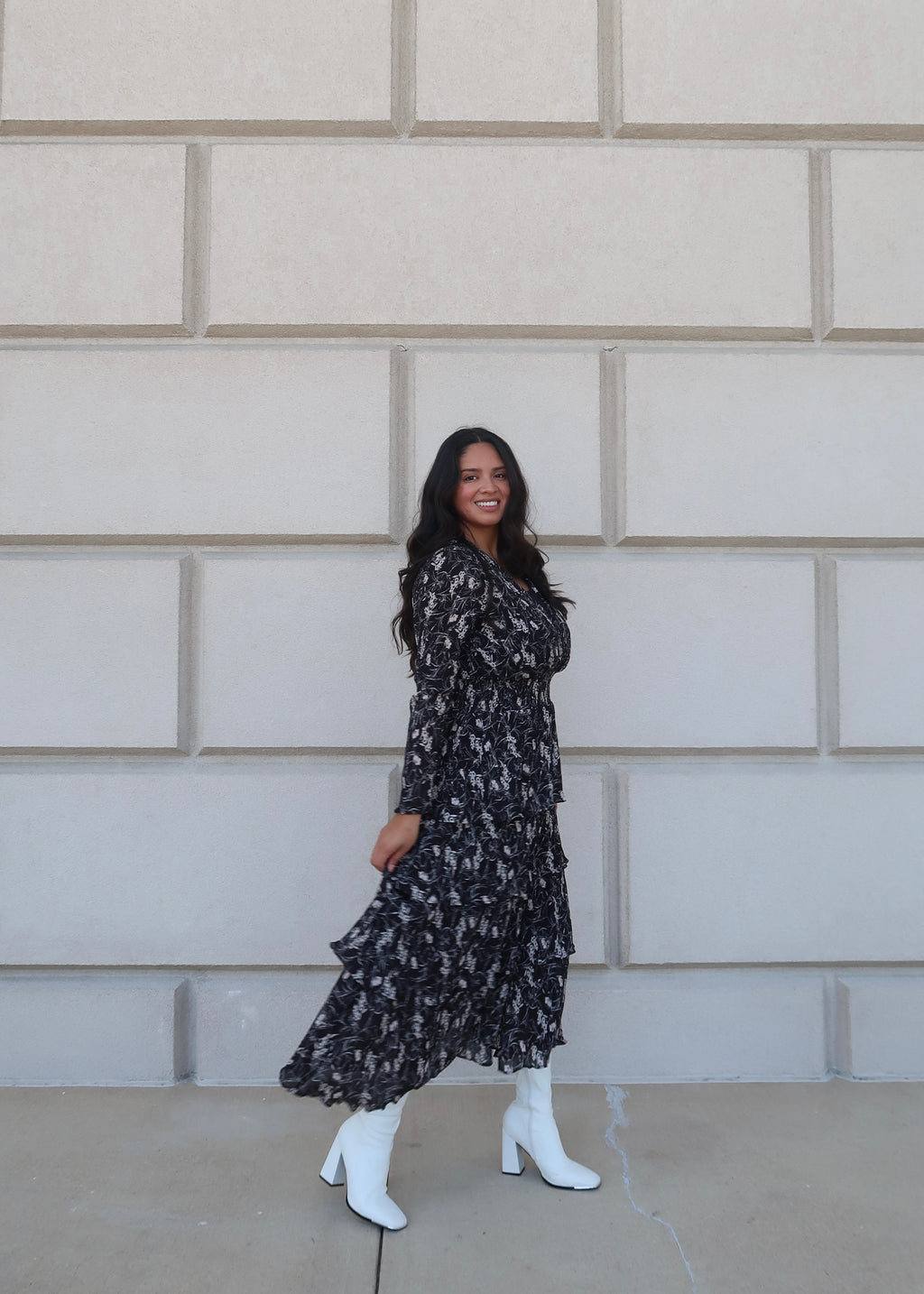 black floral maxi midi dress, long sleeve, v-neck, tiered, pleated