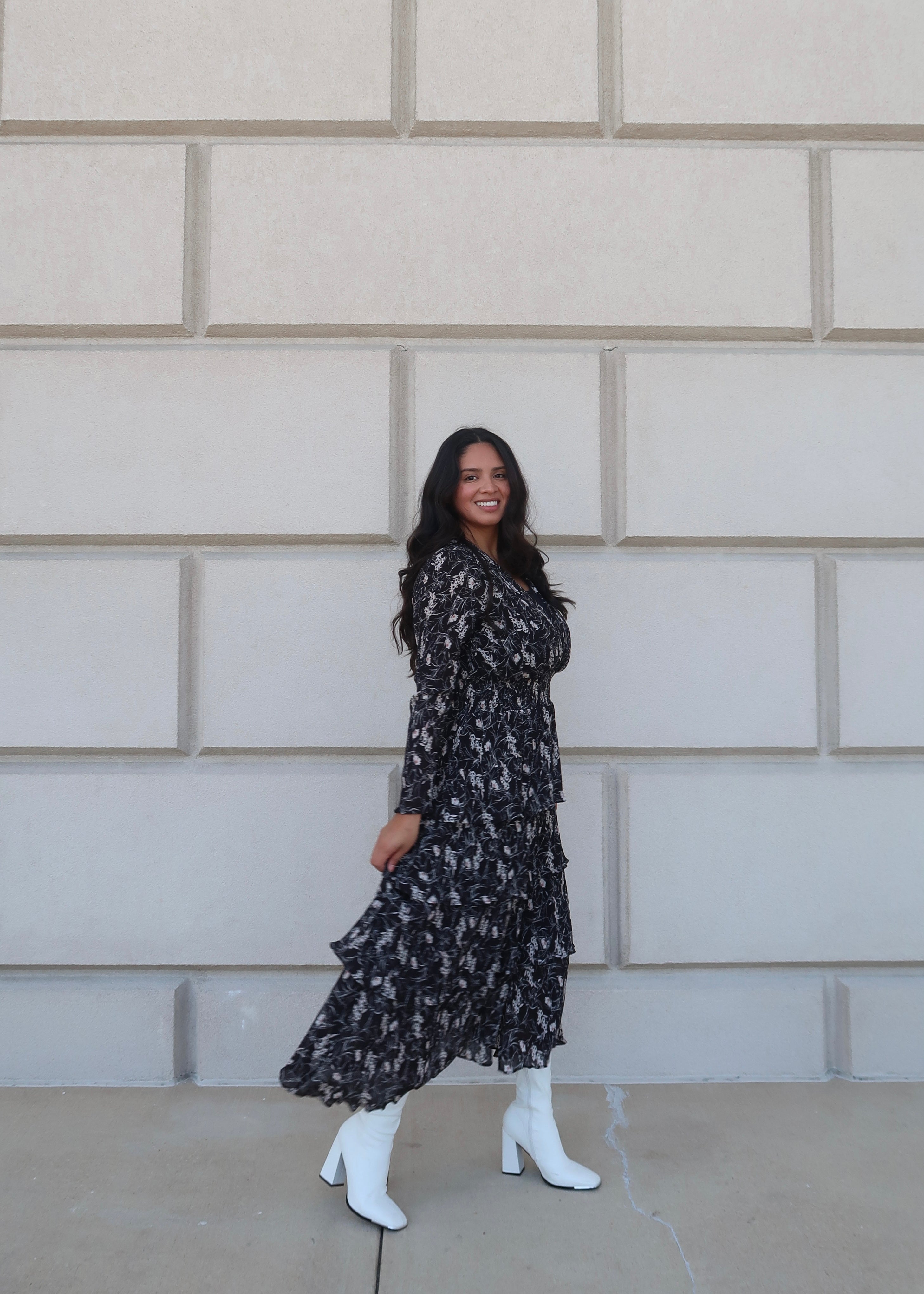 black floral maxi midi dress, long sleeve, v-neck, tiered, pleated