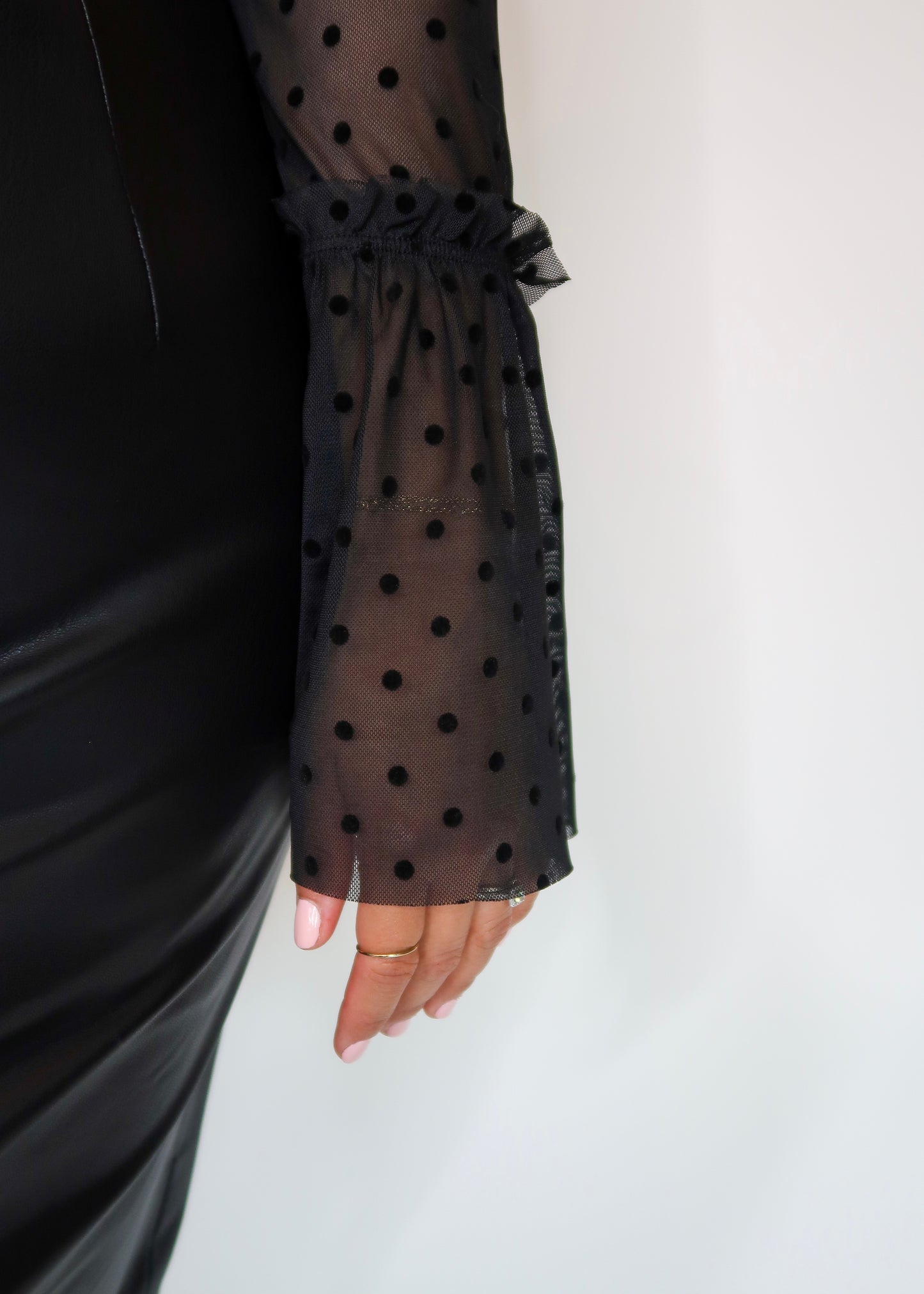 black polka dot mesh bell sleeve with flocking, lock sleeve, sheer 