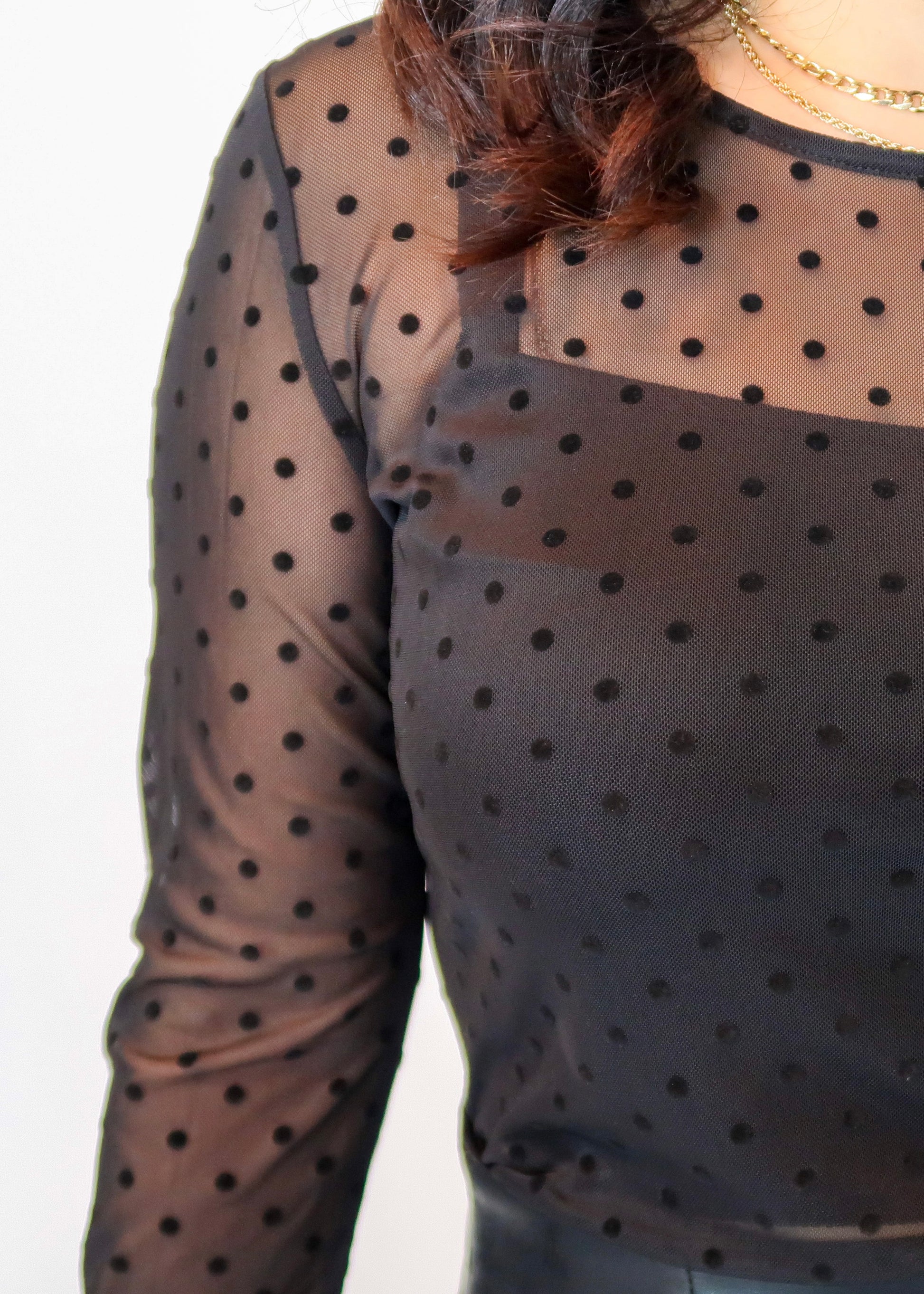 black polka dot mesh bell sleeve with flocking, lock sleeve, sheer 