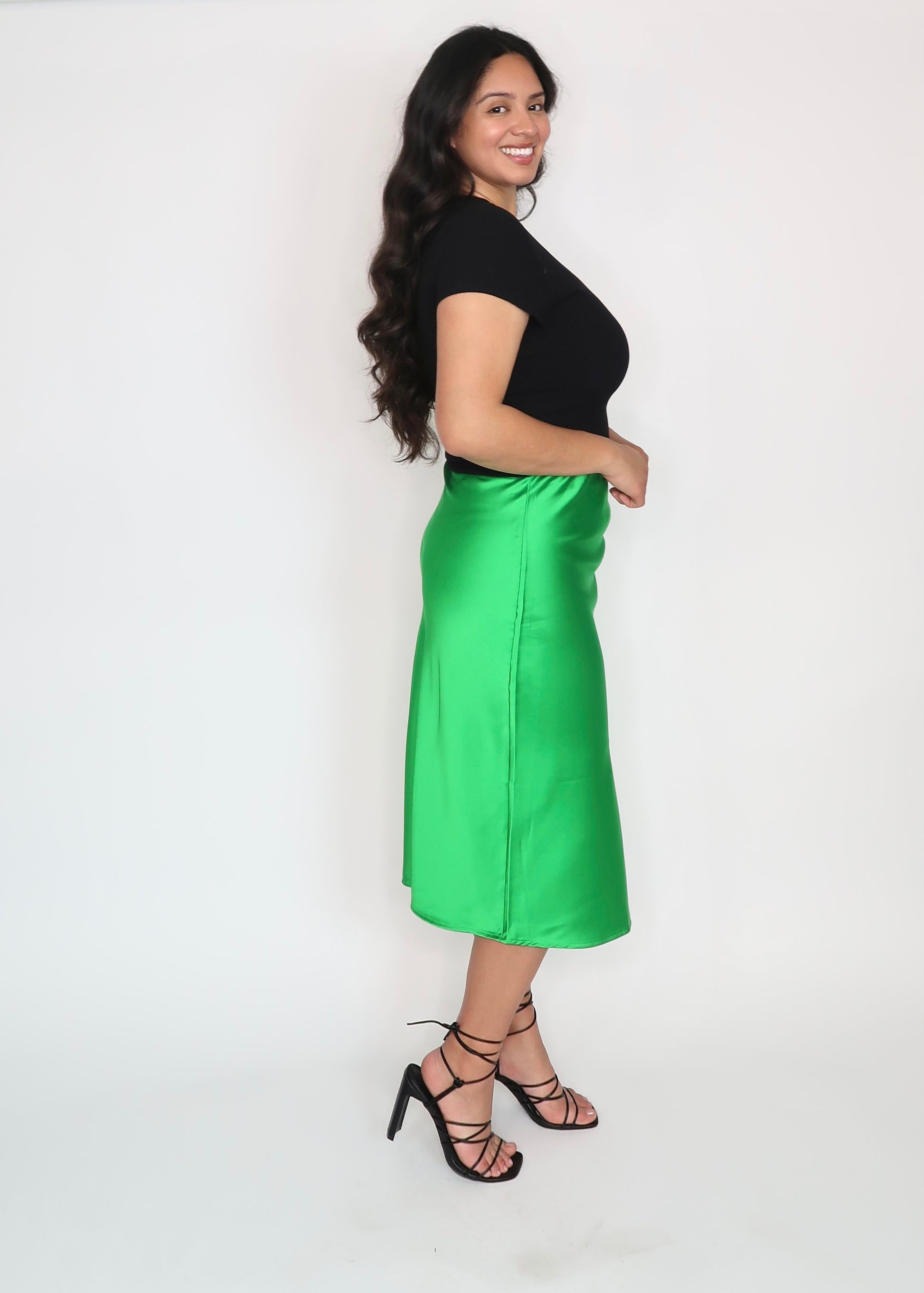 green satin midi skirt