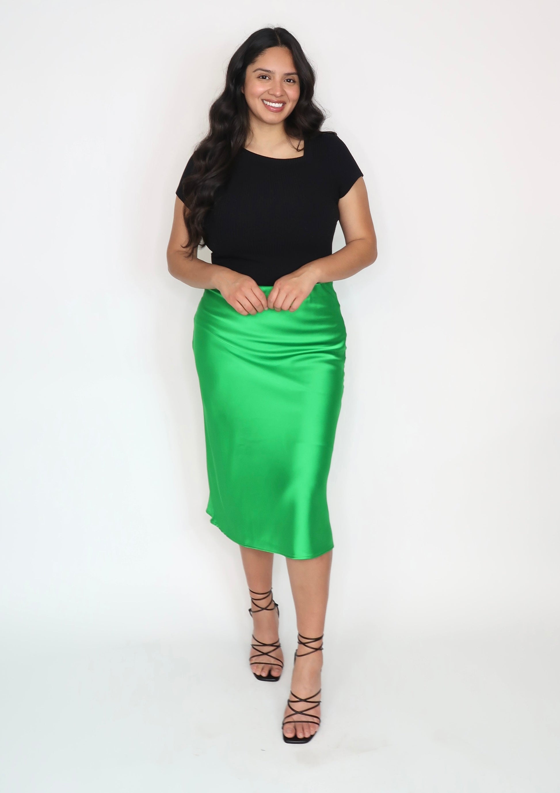 green satin midi skirt